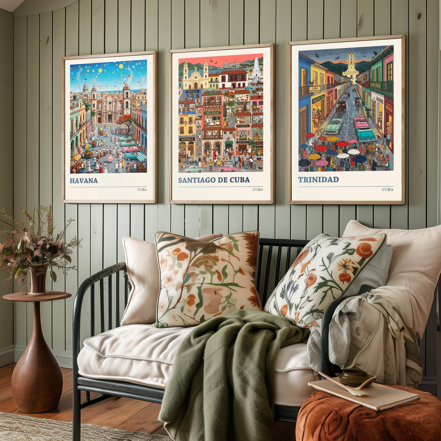 Cuba Set of Three Art Prints - Havana, Santiago de Cuba, Trinidad - 3 Colourful Folk Illustration Travel Posters - Caribbean Painting