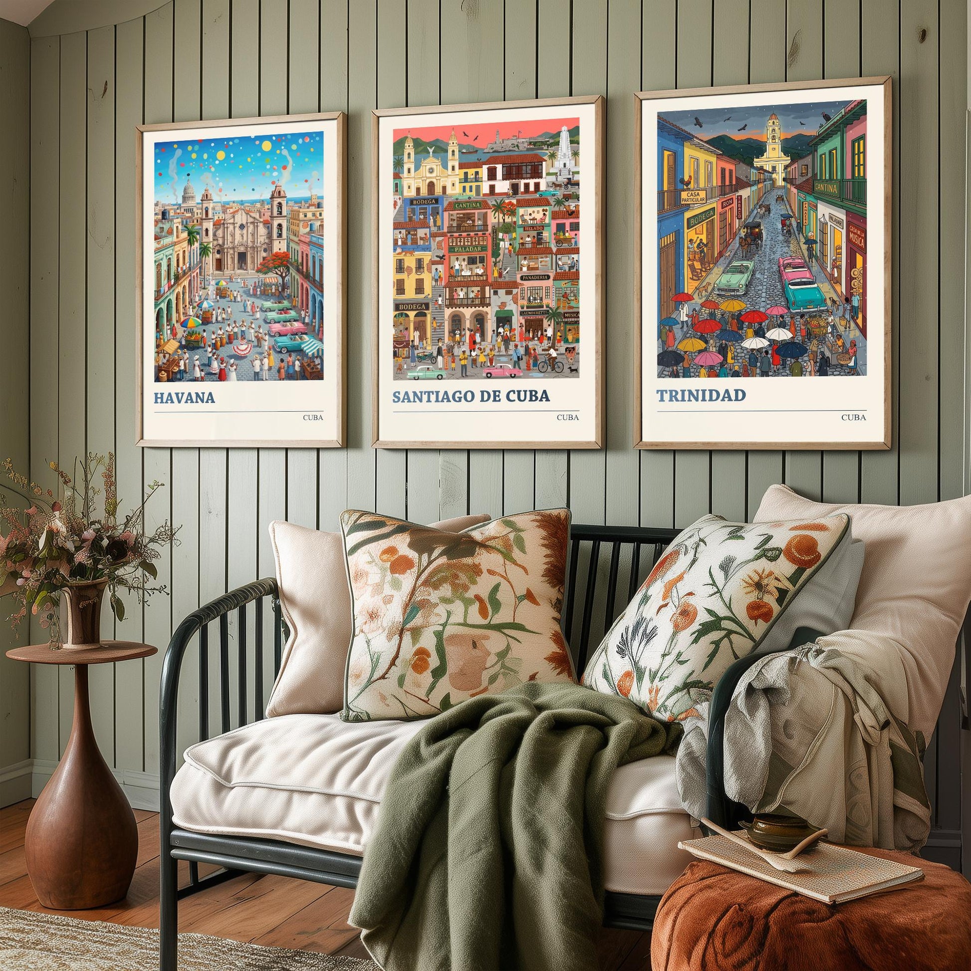 Cuba Set of Three Art Prints - Havana, Santiago de Cuba, Trinidad - 3 Colourful Folk Illustration Travel Posters - Caribbean Painting