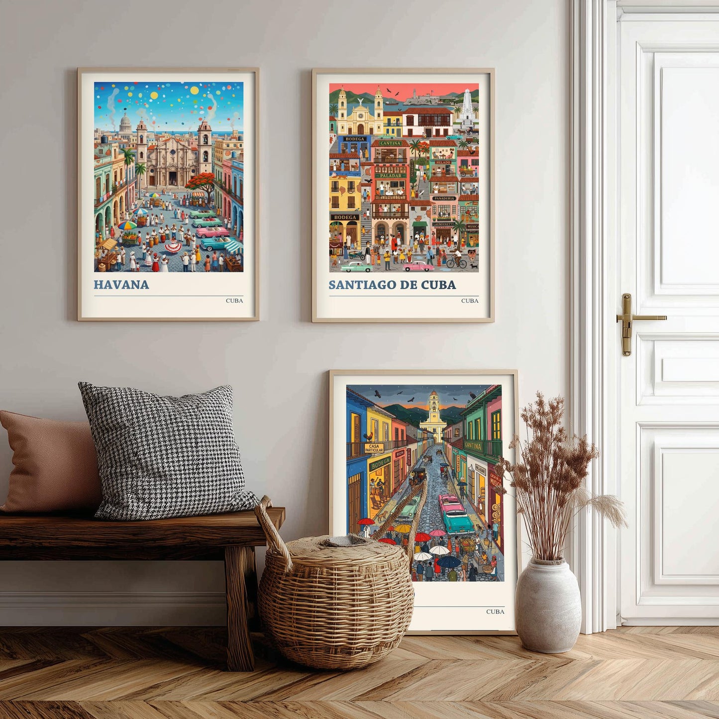 Cuba Set of Three Art Prints - Havana, Santiago de Cuba, Trinidad - 3 Colourful Folk Illustration Travel Posters - Caribbean Painting
