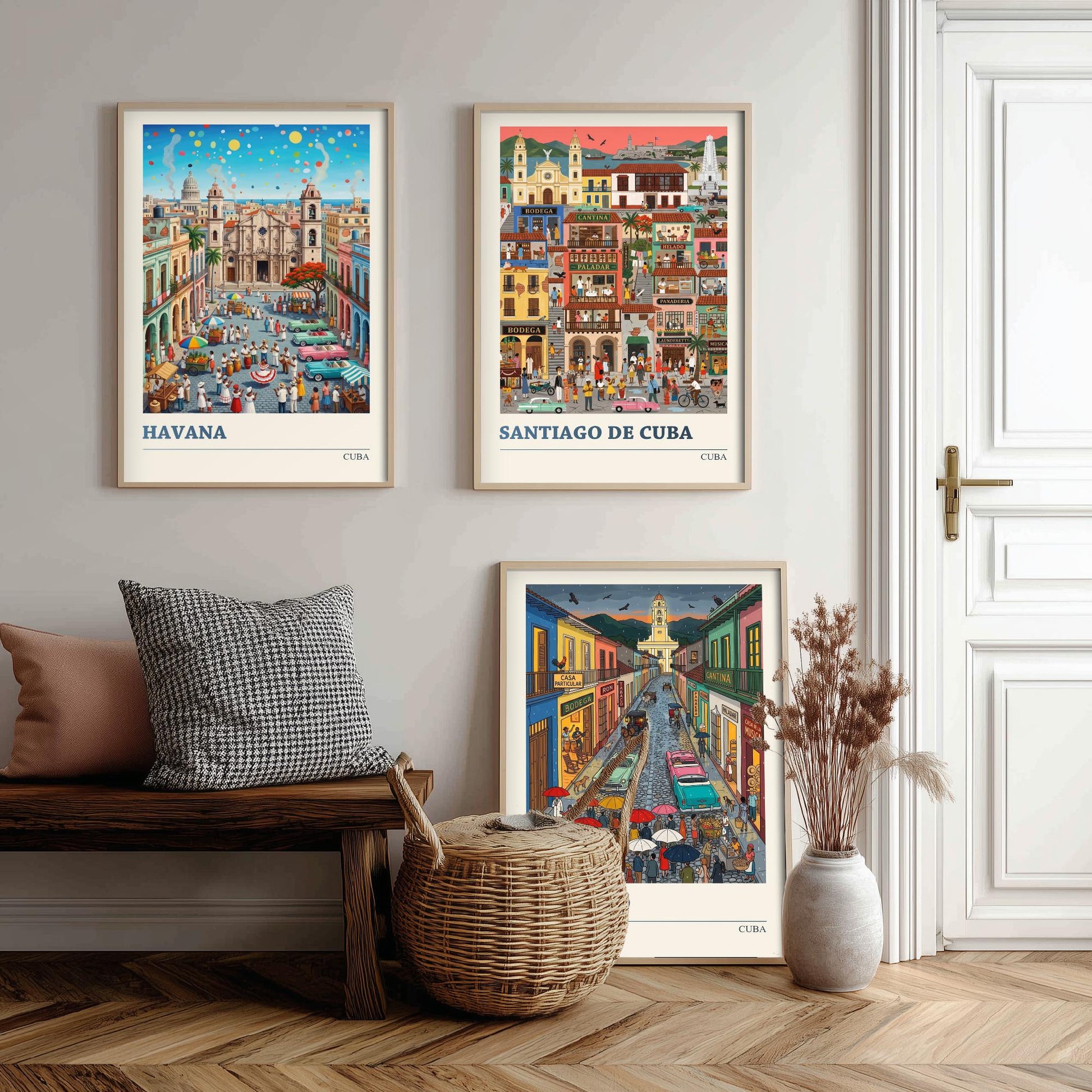 Cuba Set of Three Art Prints - Havana, Santiago de Cuba, Trinidad - 3 Colourful Folk Illustration Travel Posters - Caribbean Painting