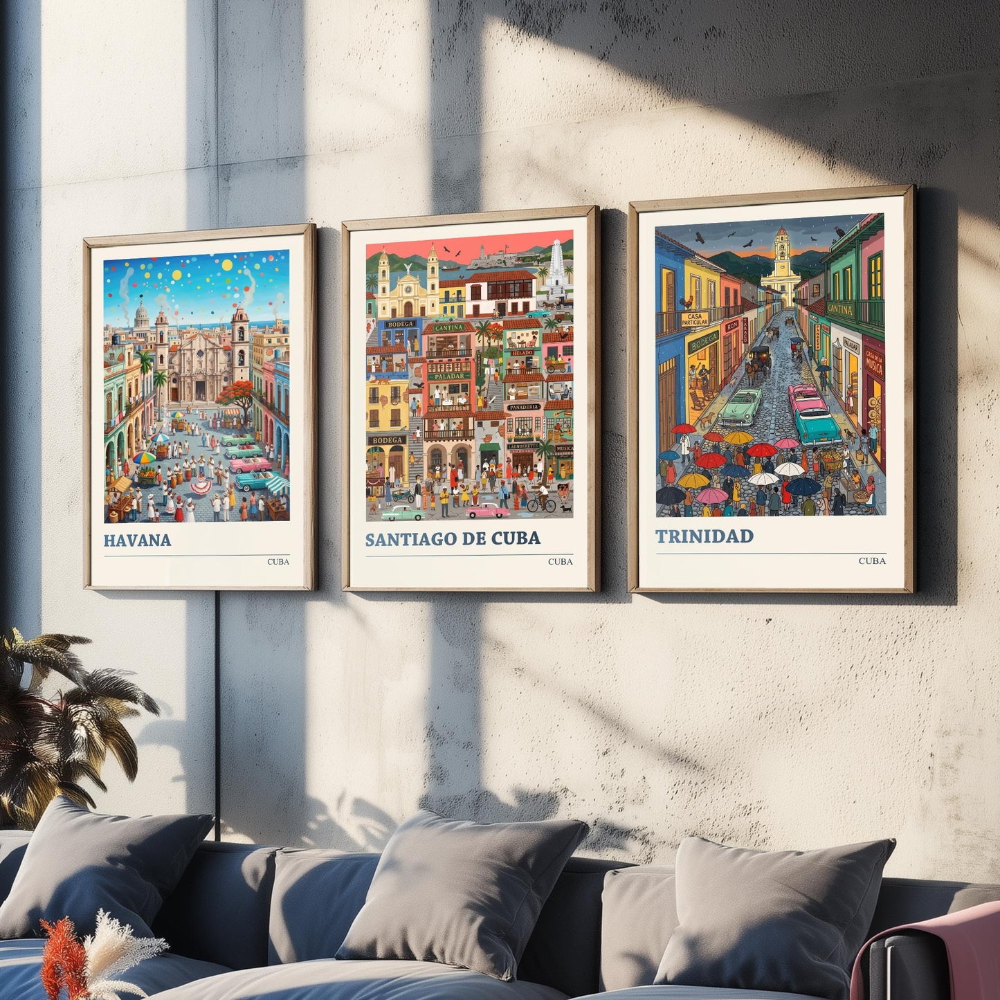 Cuba Set of Three Art Prints - Havana, Santiago de Cuba, Trinidad - 3 Colourful Folk Illustration Travel Posters - Caribbean Painting