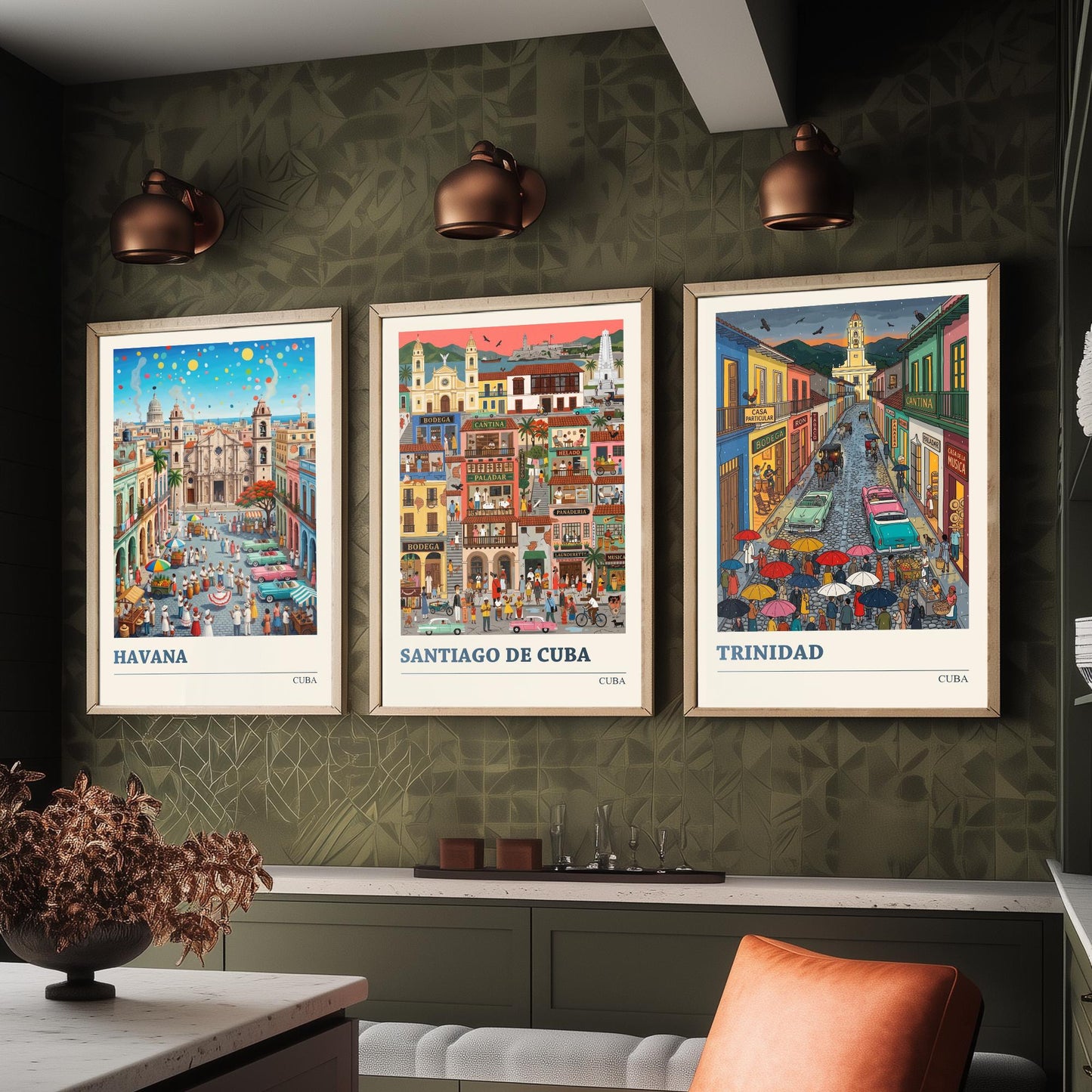 Cuba Set of Three Art Prints - Havana, Santiago de Cuba, Trinidad - 3 Colourful Folk Illustration Travel Posters - Caribbean Painting