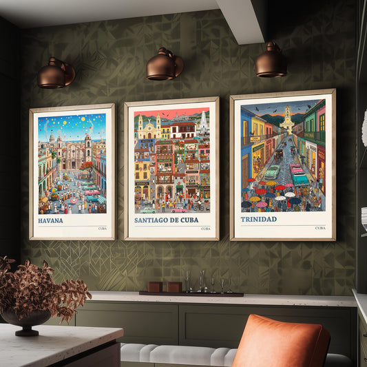Cuba Set of Three Art Prints - Havana, Santiago de Cuba, Trinidad - 3 Colourful Folk Illustration Travel Posters - Caribbean Painting