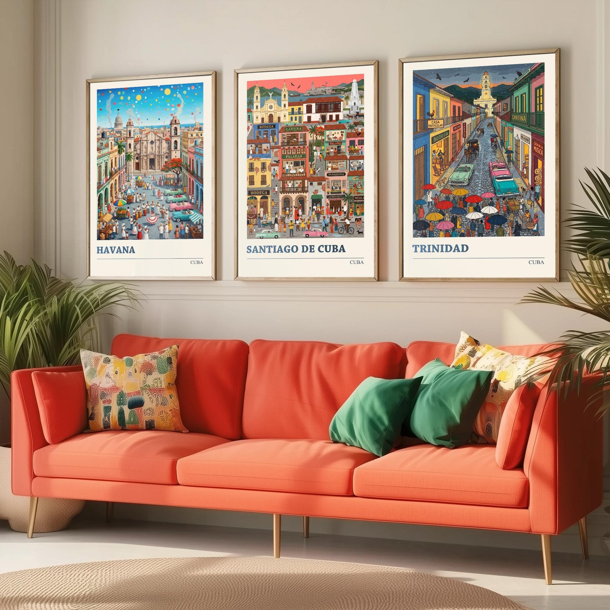 Cuba Set of Three Art Prints - Havana, Santiago de Cuba, Trinidad - 3 Colourful Folk Illustration Travel Posters - Caribbean Painting