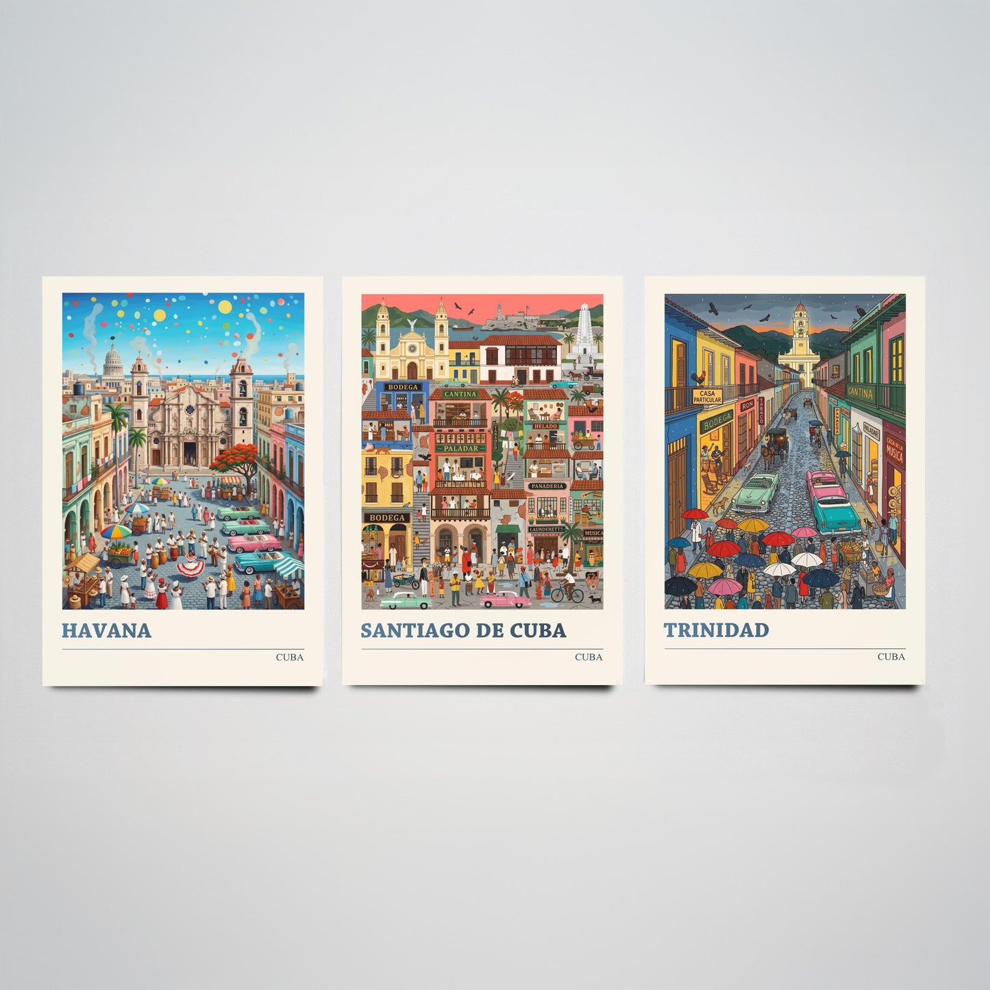 Cuba Set of Three Art Prints - Havana, Santiago de Cuba, Trinidad - 3 Colourful Folk Illustration Travel Posters - Caribbean Painting