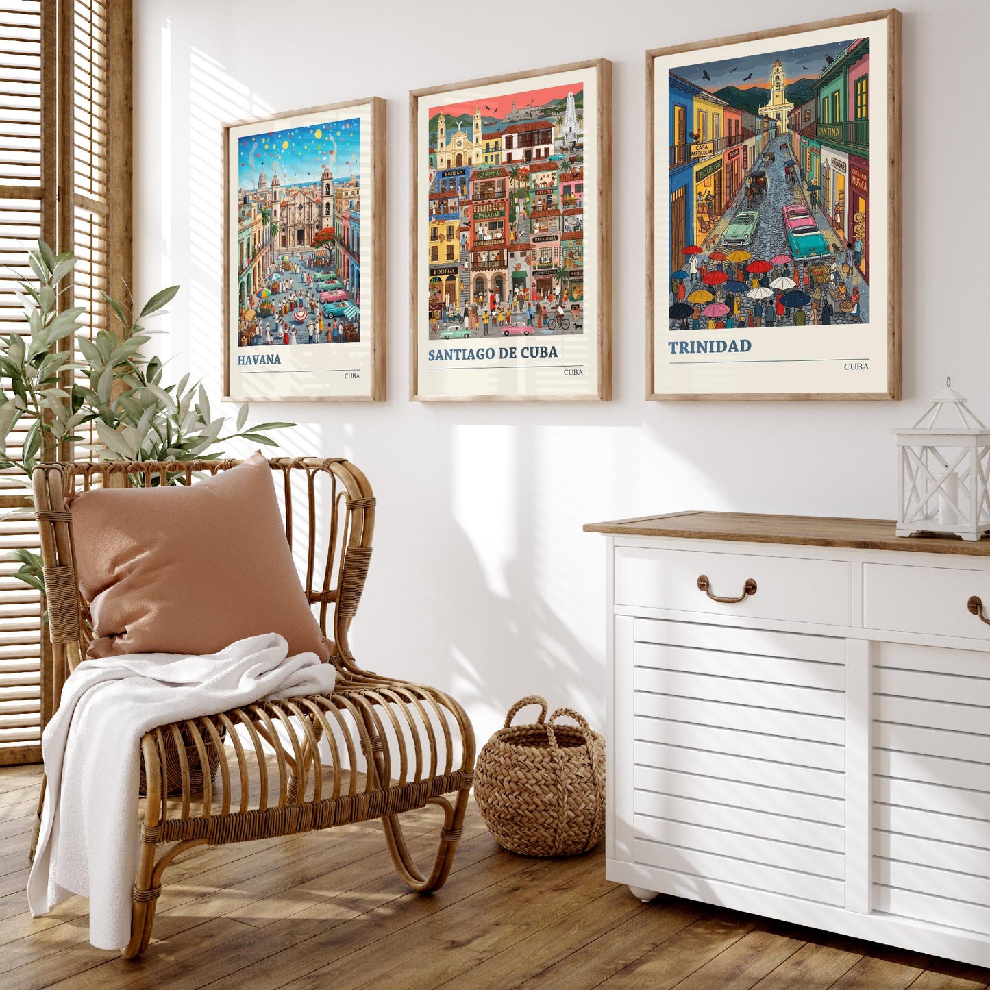 Cuba Set of Three Art Prints - Havana, Santiago de Cuba, Trinidad - 3 Colourful Folk Illustration Travel Posters - Caribbean Painting
