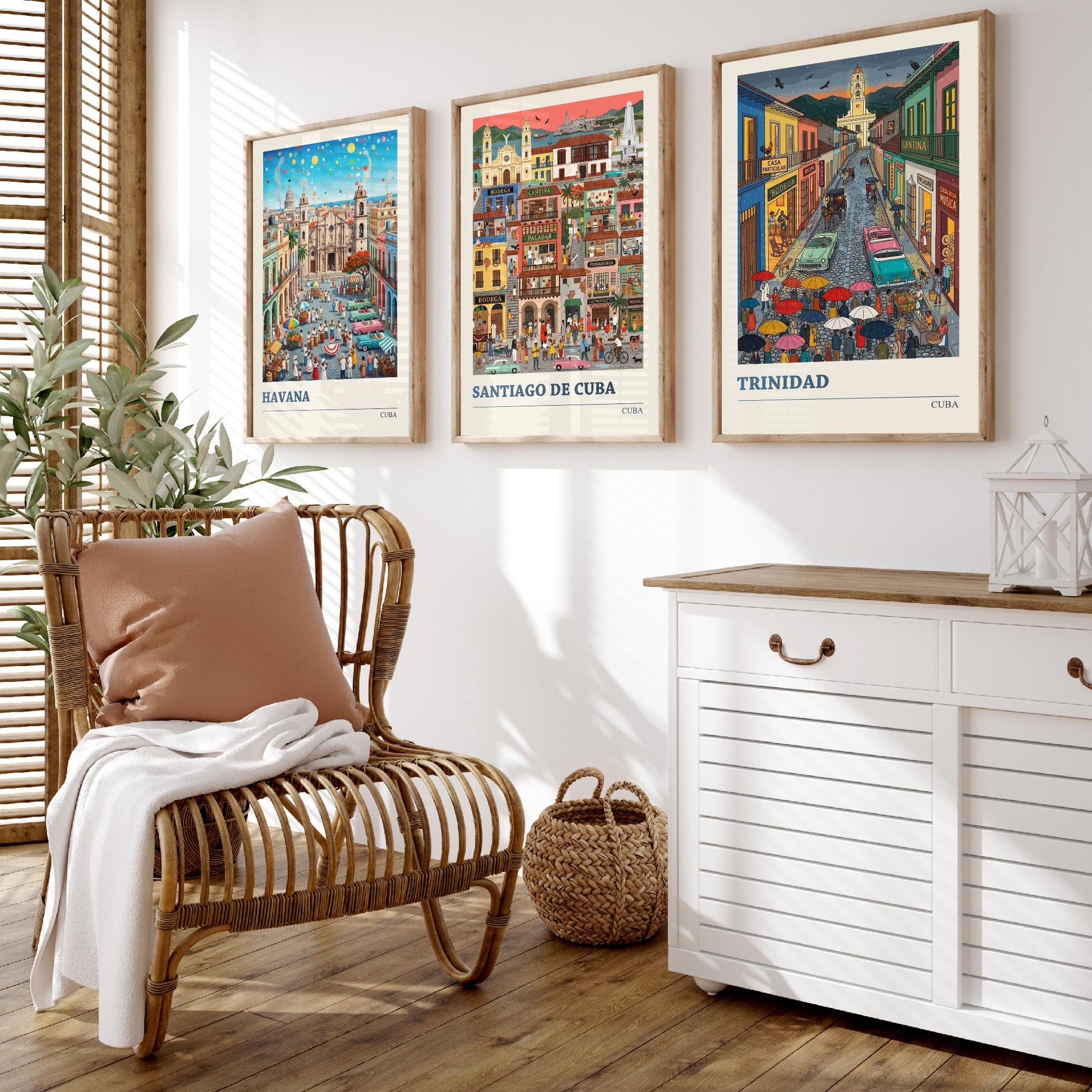 Cuba Set of Three Art Prints - Havana, Santiago de Cuba, Trinidad - 3 Colourful Folk Illustration Travel Posters - Caribbean Painting