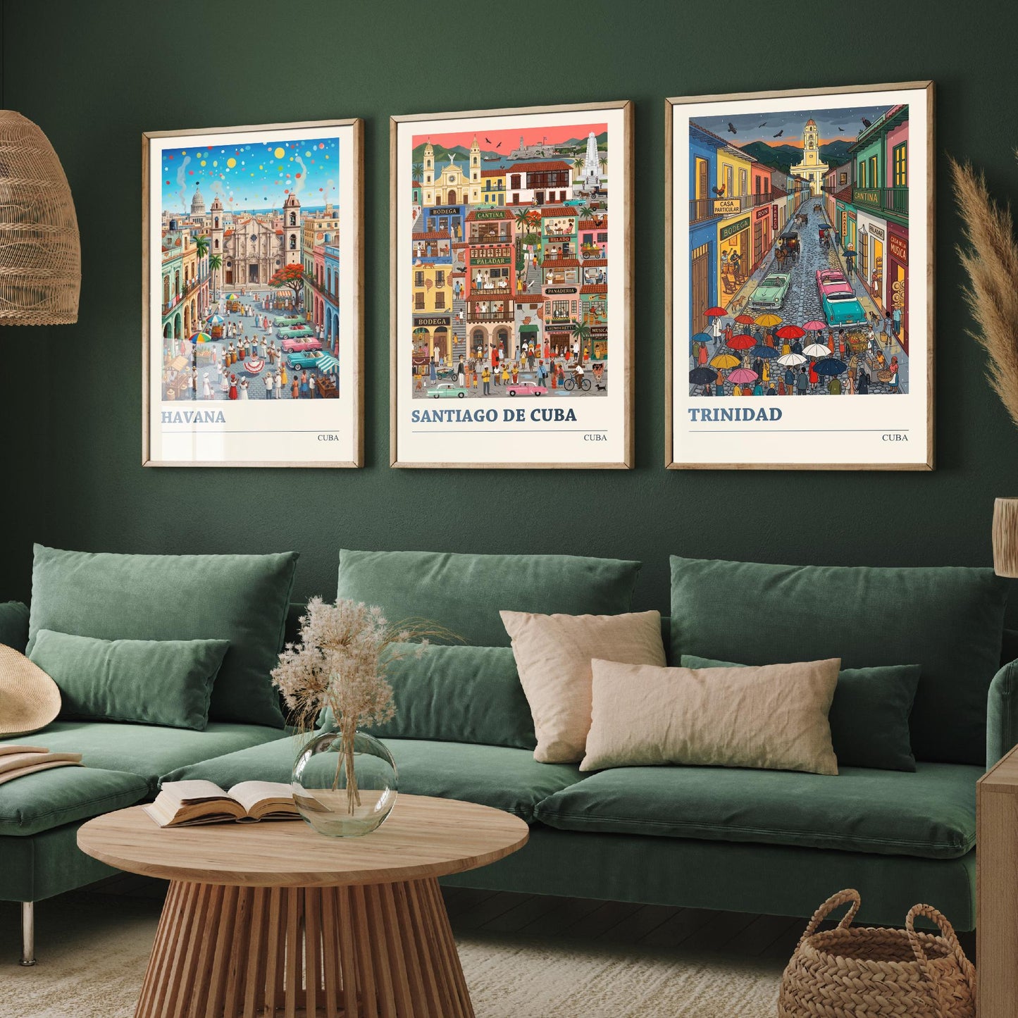 Cuba Set of Three Art Prints - Havana, Santiago de Cuba, Trinidad - 3 Colourful Folk Illustration Travel Posters - Caribbean Painting