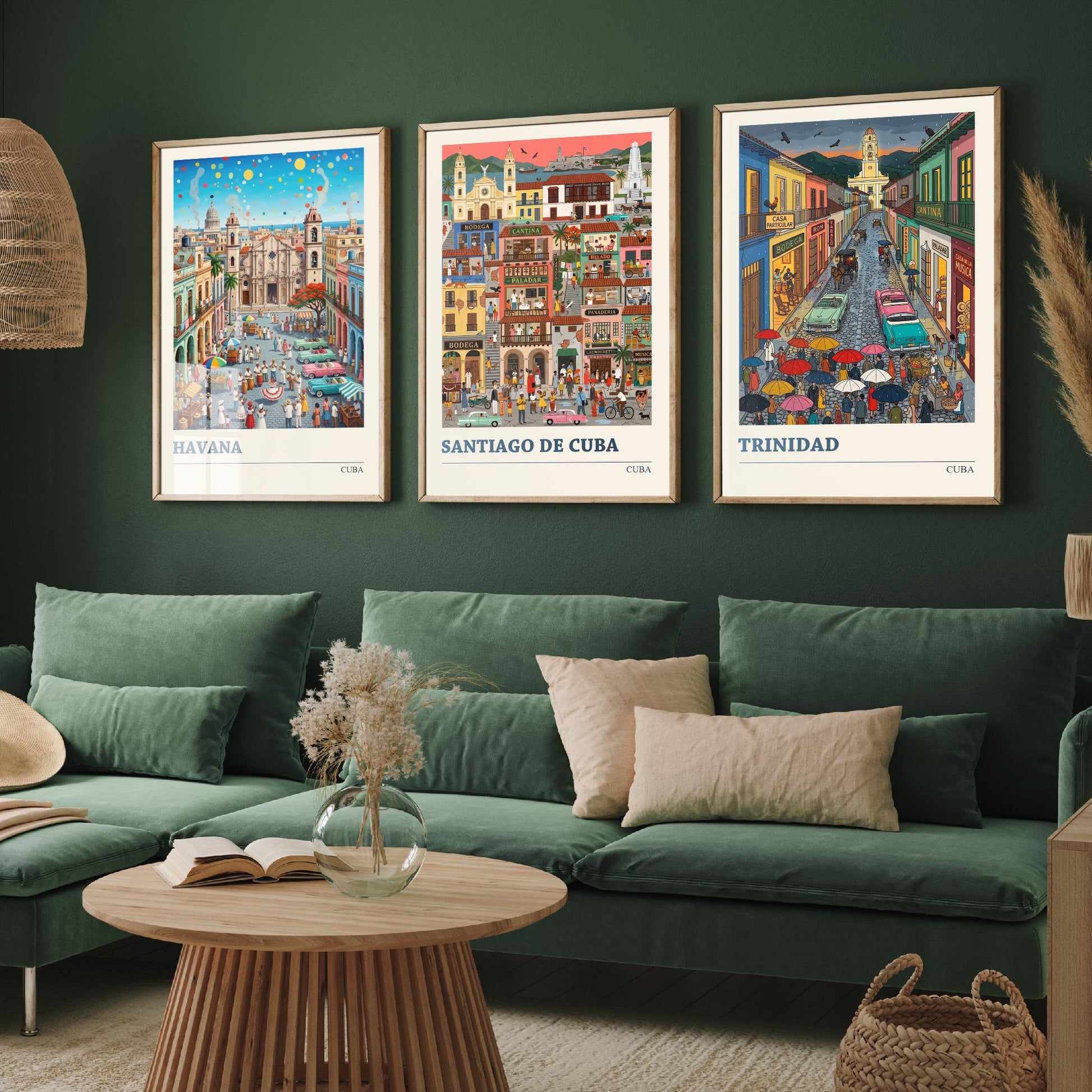 Cuba Set of Three Art Prints - Havana, Santiago de Cuba, Trinidad - 3 Colourful Folk Illustration Travel Posters - Caribbean Painting