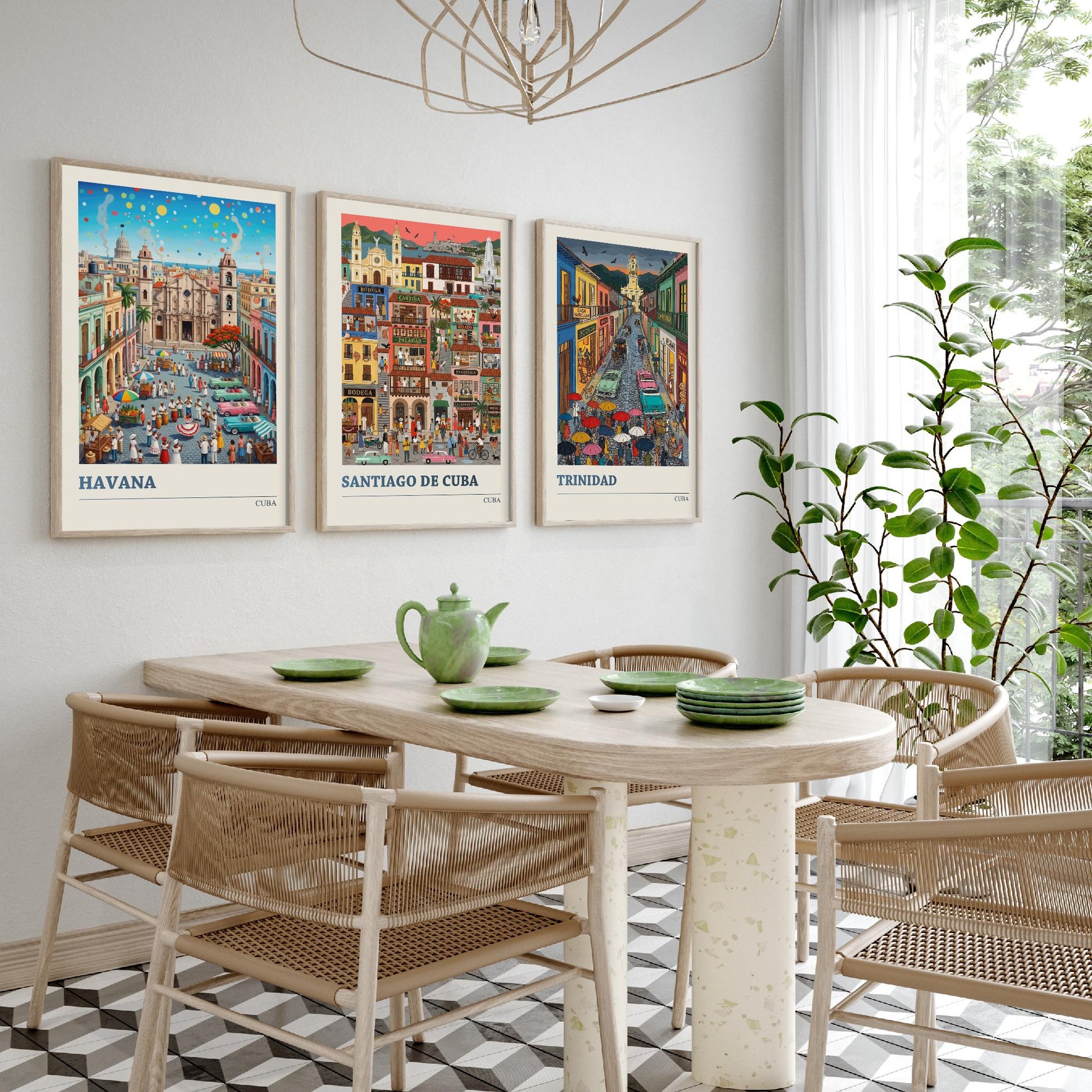 Cuba Set of Three Art Prints - Havana, Santiago de Cuba, Trinidad - 3 Colourful Folk Illustration Travel Posters - Caribbean Painting