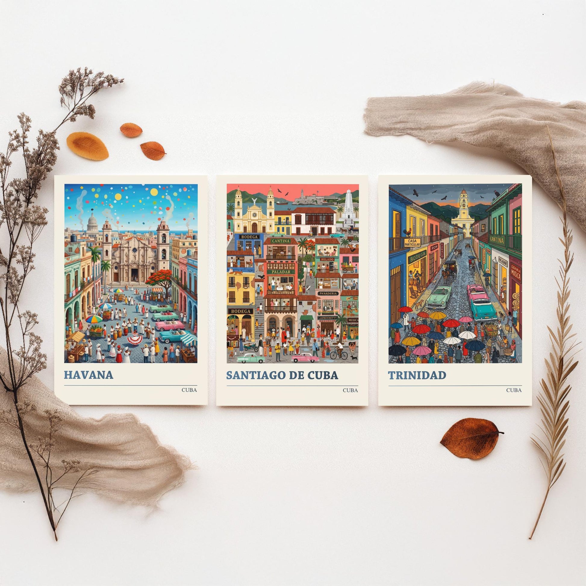 Cuba Set of Three Art Prints - Havana, Santiago de Cuba, Trinidad - 3 Colourful Folk Illustration Travel Posters - Caribbean Painting