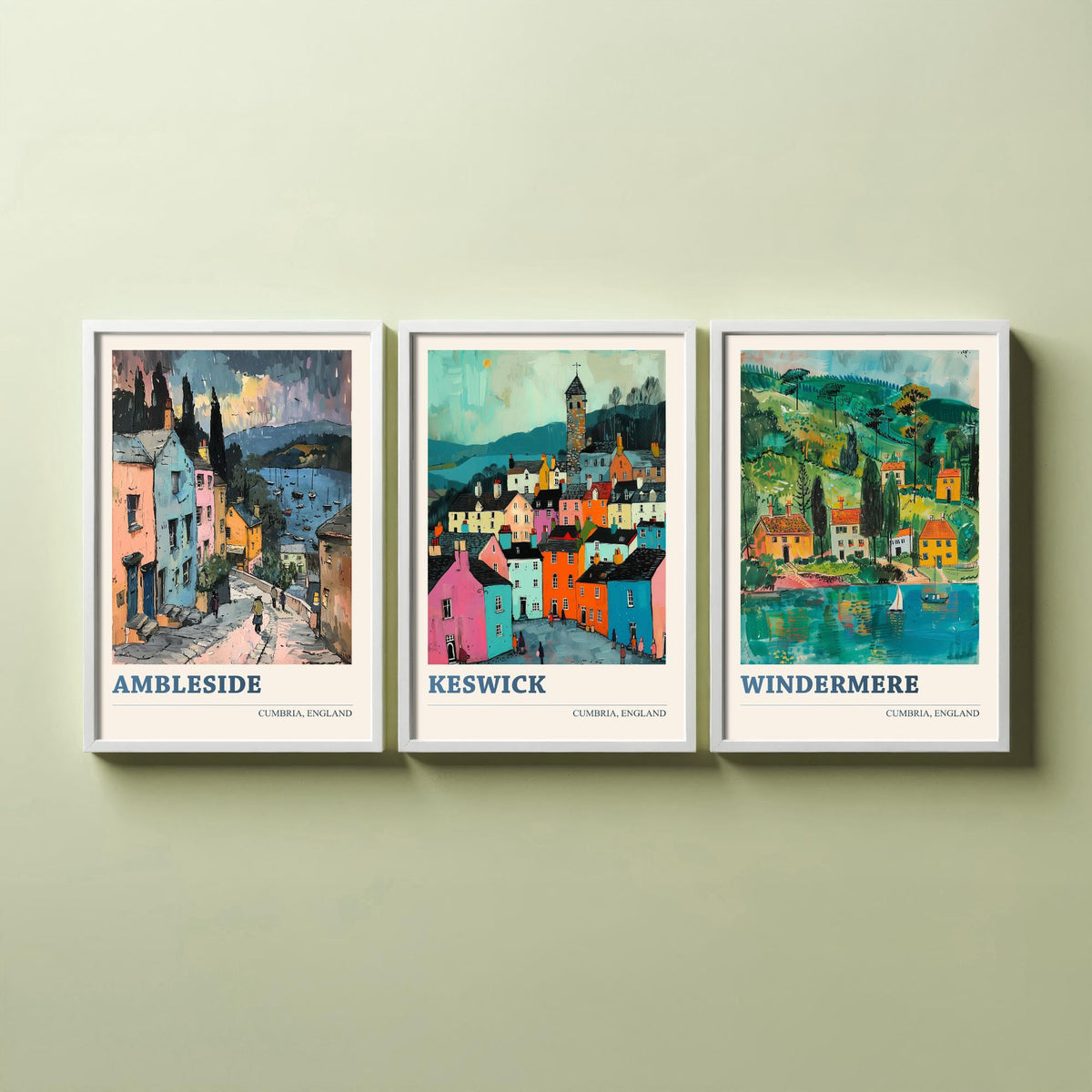 Cumbria Lake District Set of Three Prints | Ambleside Keswick Windermere | Vibrant Folk Art Travel Painting Poster