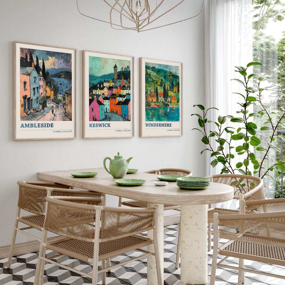 Cumbria Lake District Set of Three Prints | Ambleside Keswick Windermere | Vibrant Folk Art Travel Painting Poster