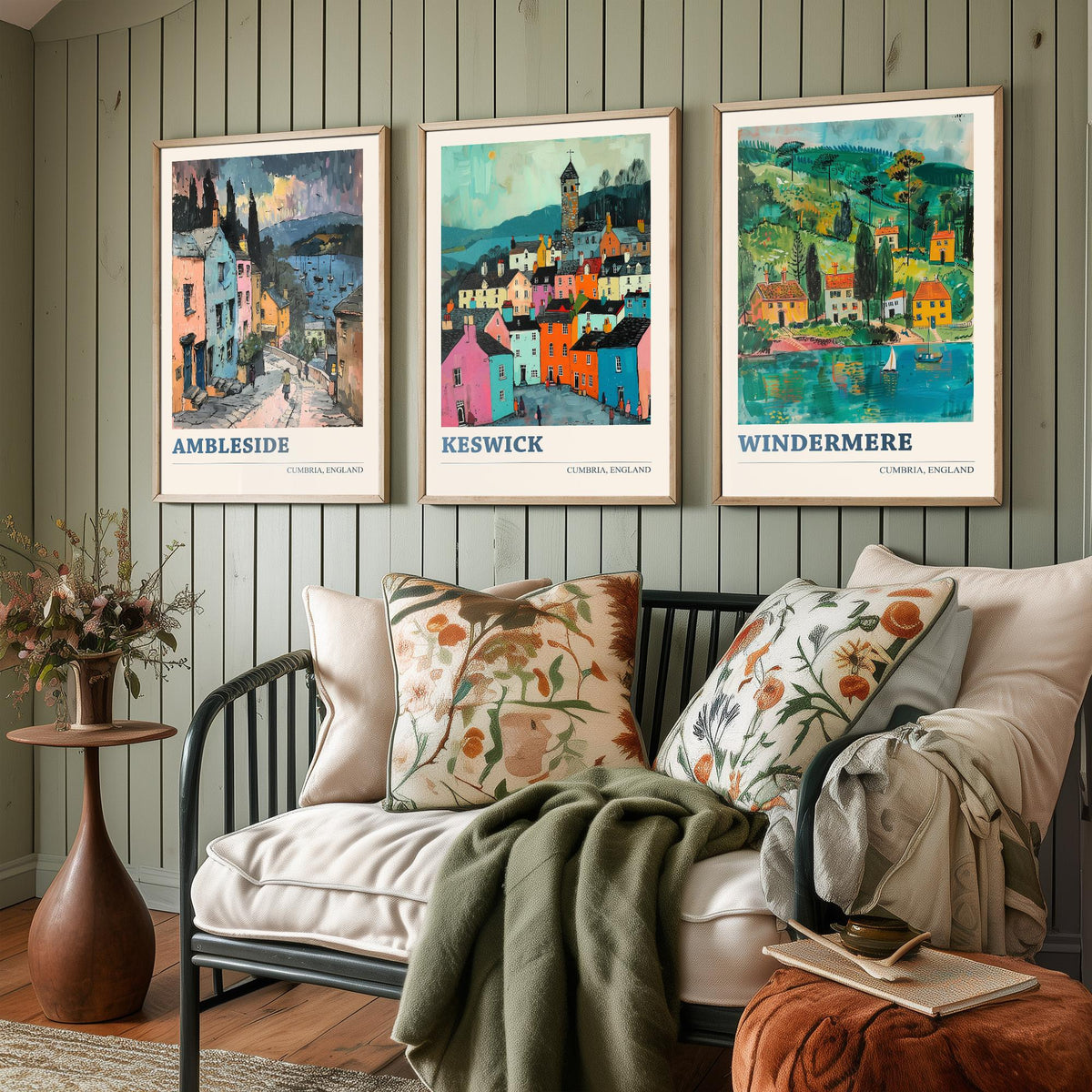 Cumbria Lake District Set of Three Prints | Ambleside Keswick Windermere | Vibrant Folk Art Travel Painting Poster