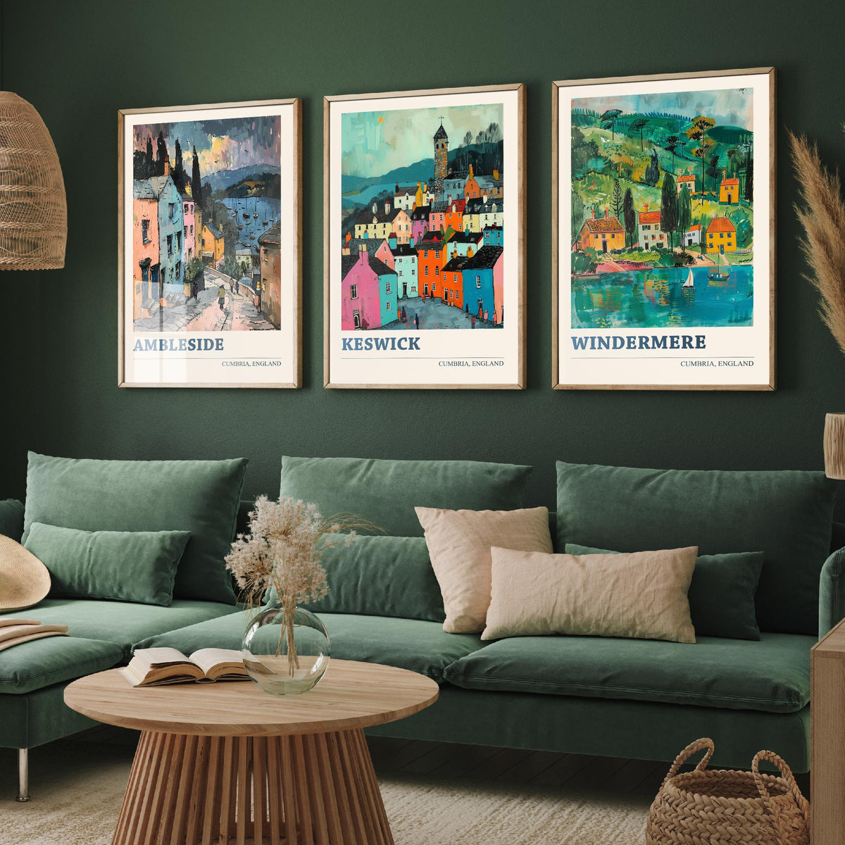 Cumbria Lake District Set of Three Prints | Ambleside Keswick Windermere | Vibrant Folk Art Travel Painting Poster