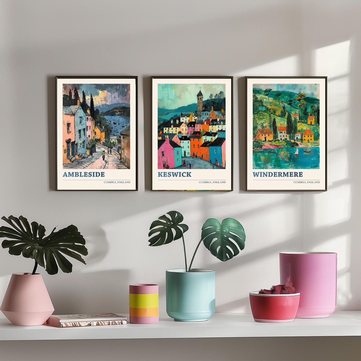 Cumbria Lake District Set of Three Prints | Ambleside Keswick Windermere | Vibrant Folk Art Travel Painting Poster