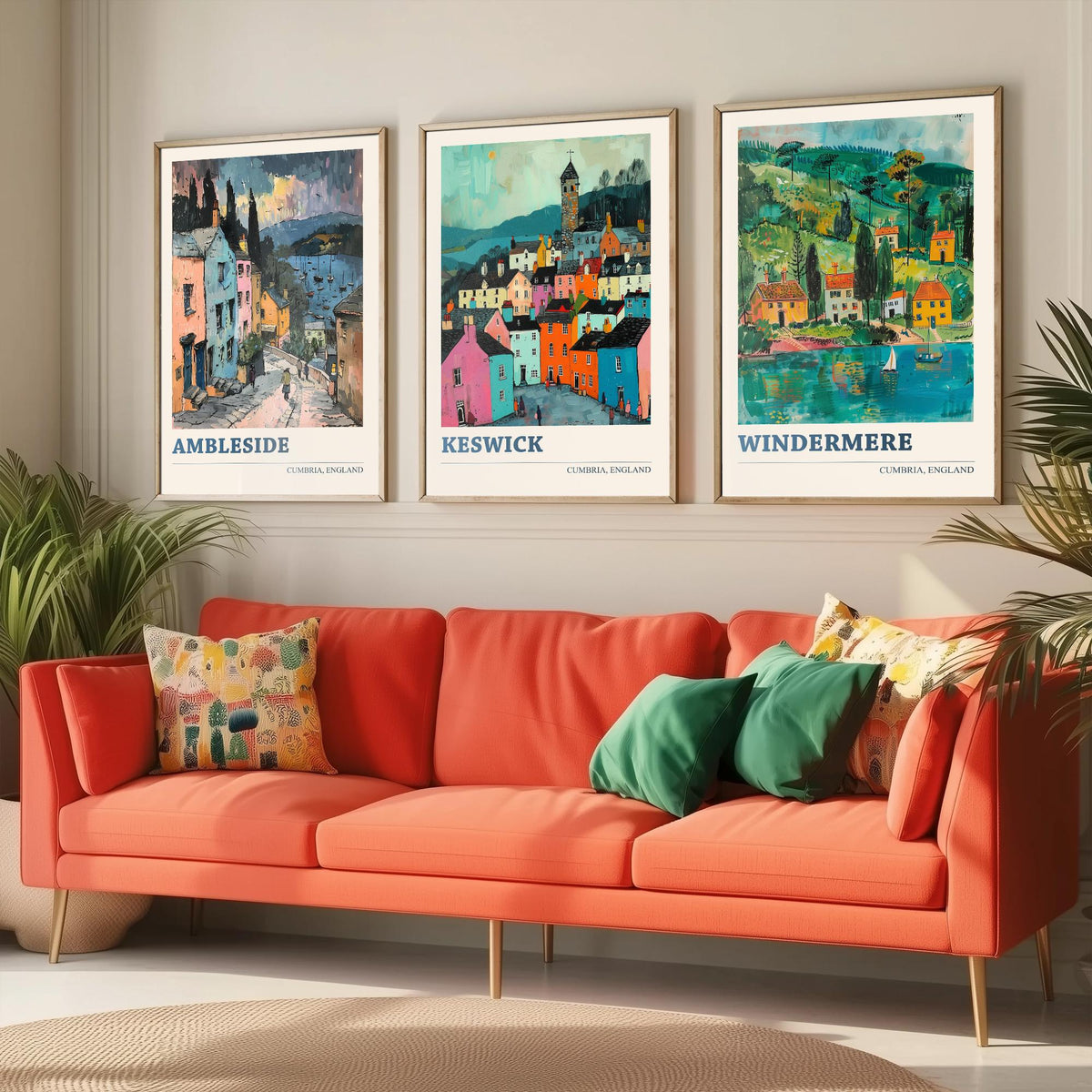 Cumbria Lake District Set of Three Prints | Ambleside Keswick Windermere | Vibrant Folk Art Travel Painting Poster
