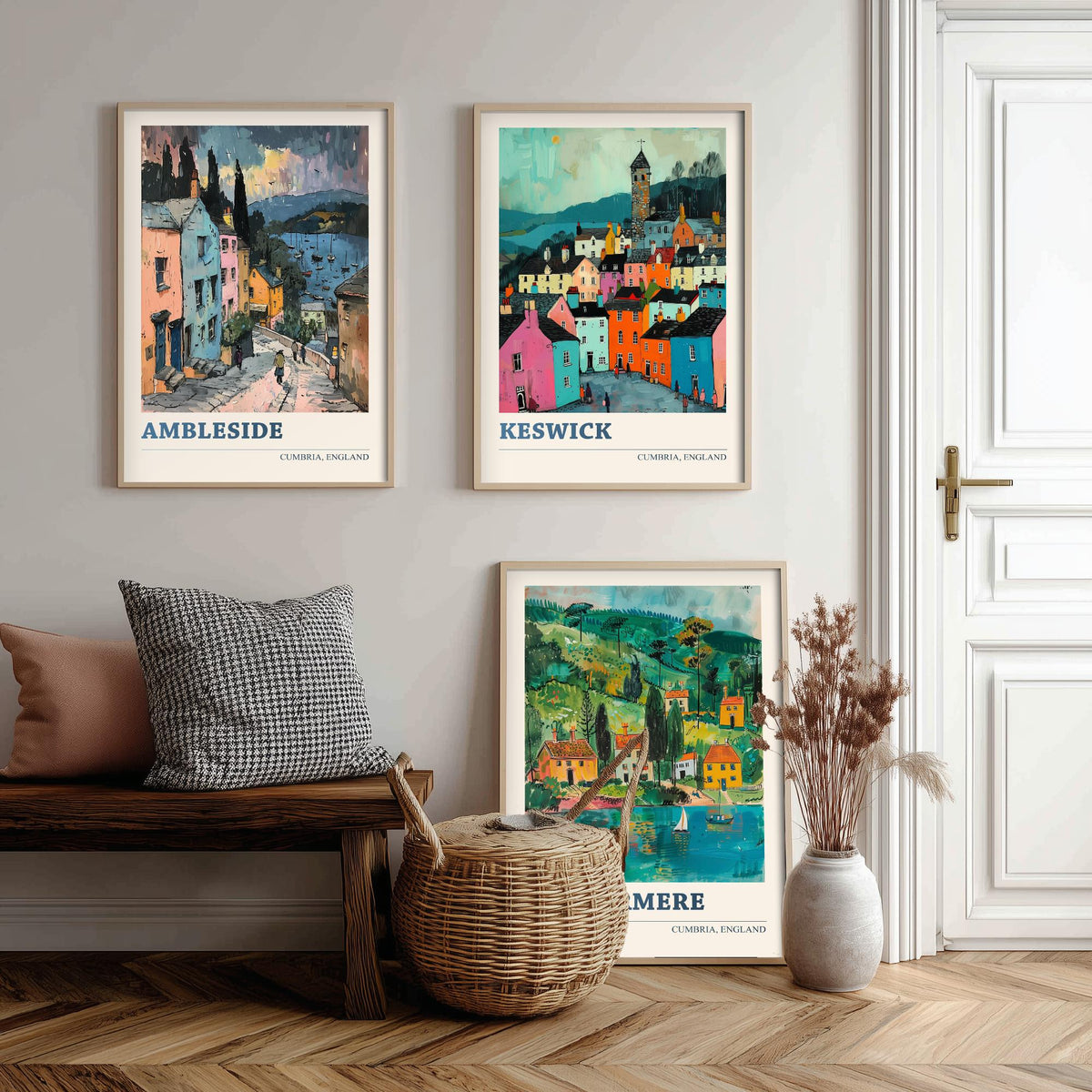 Cumbria Lake District Set of Three Prints | Ambleside Keswick Windermere | Vibrant Folk Art Travel Painting Poster