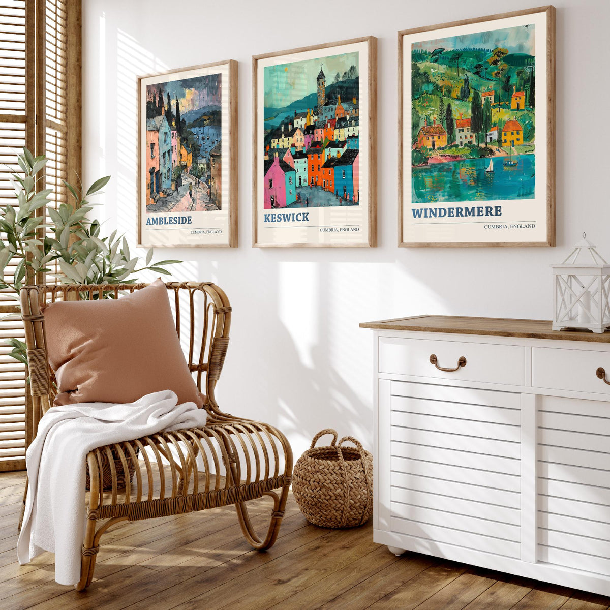 Cumbria Lake District Set of Three Prints | Ambleside Keswick Windermere | Vibrant Folk Art Travel Painting Poster