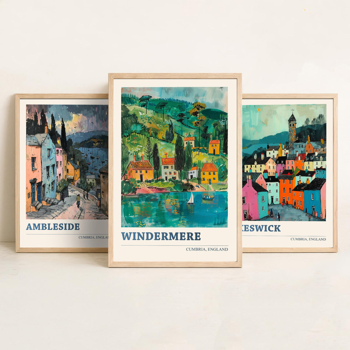 Cumbria Lake District Set of Three Prints | Ambleside Keswick Windermere | Vibrant Folk Art Travel Painting Poster