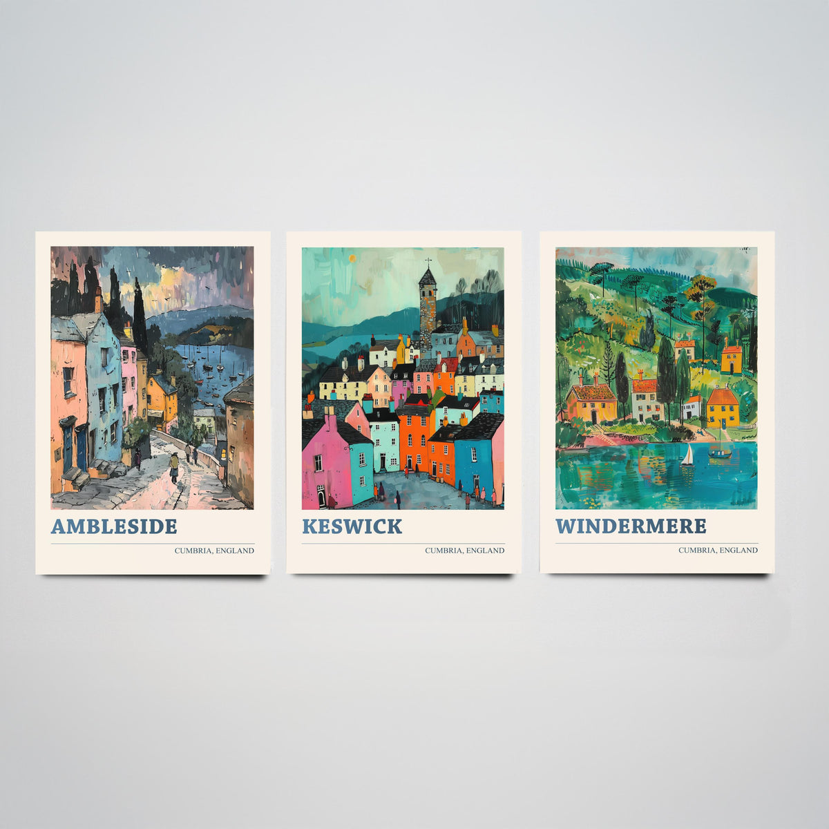 Cumbria Lake District Set of Three Prints | Ambleside Keswick Windermere | Vibrant Folk Art Travel Painting Poster