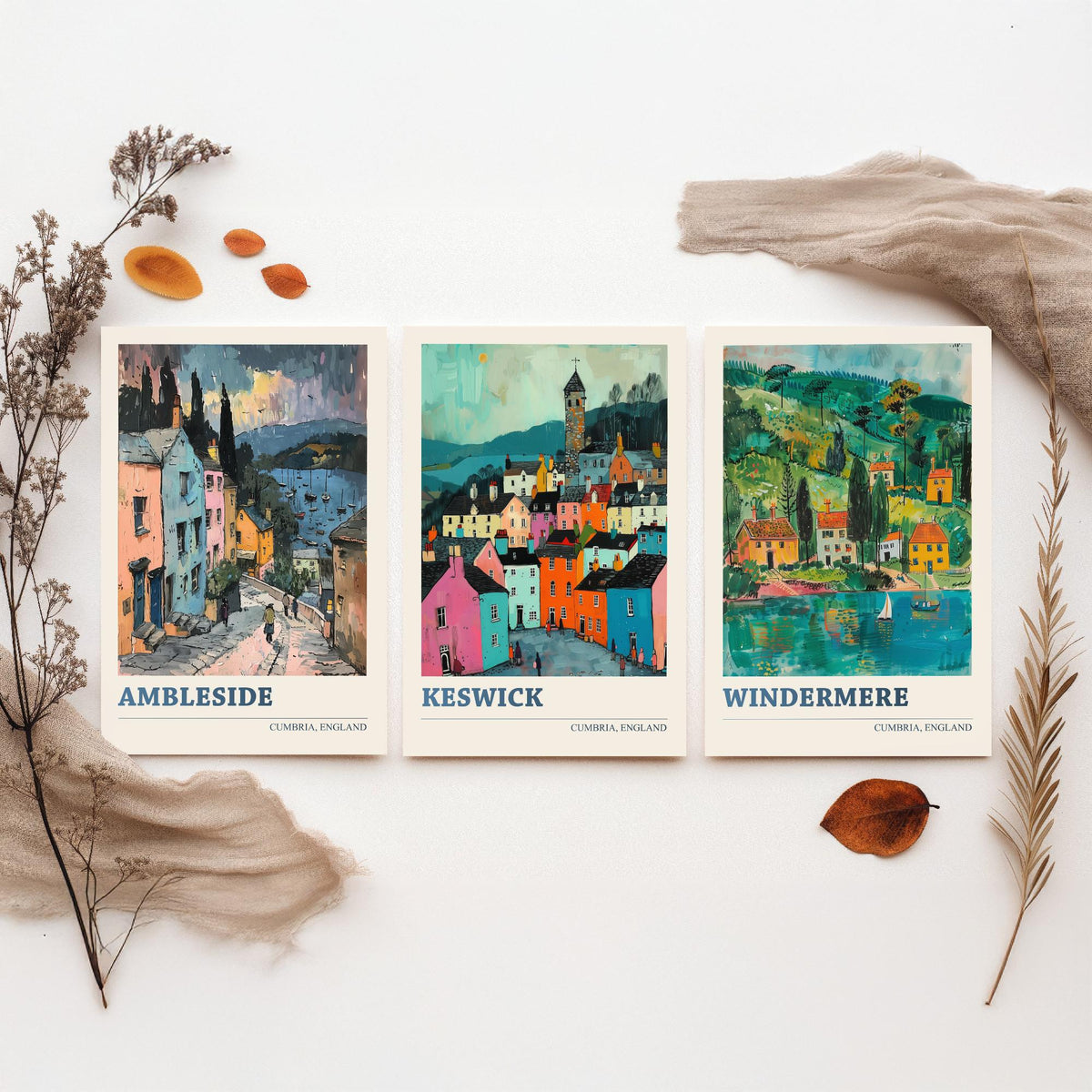 Cumbria Lake District Set of Three Prints | Ambleside Keswick Windermere | Vibrant Folk Art Travel Painting Poster