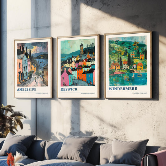 Cumbria Lake District Set of Three Prints | Ambleside Keswick Windermere | Vibrant Folk Art Travel Painting Poster