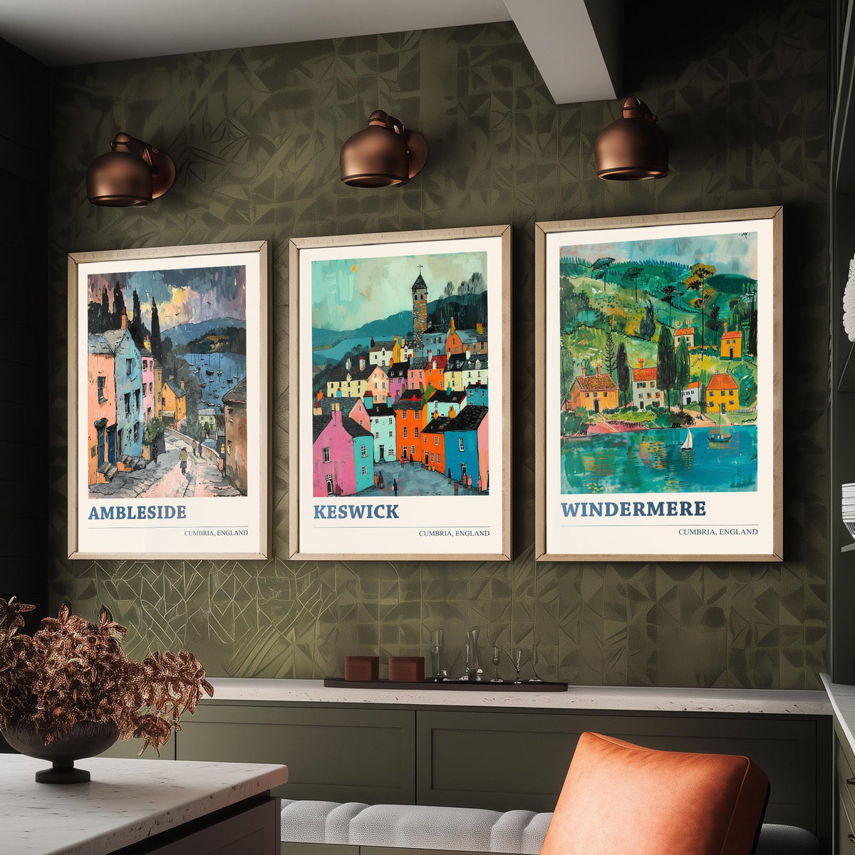 Cumbria Lake District Set of Three Prints | Ambleside Keswick Windermere | Vibrant Folk Art Travel Painting Poster