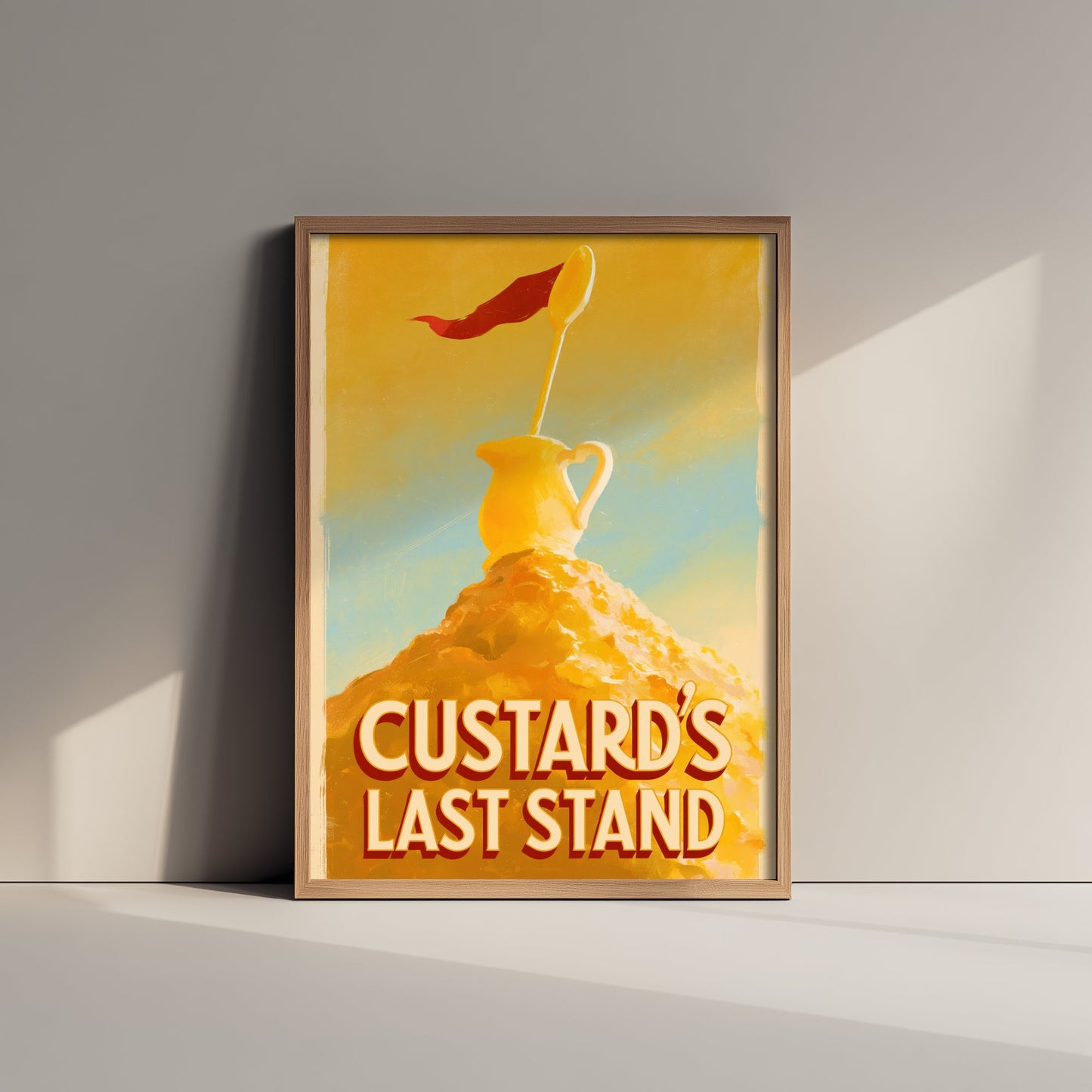 Custard's Last Stand Art Print - Funny Pudding Poster - Golden Dessert Pun Kitchen Painting