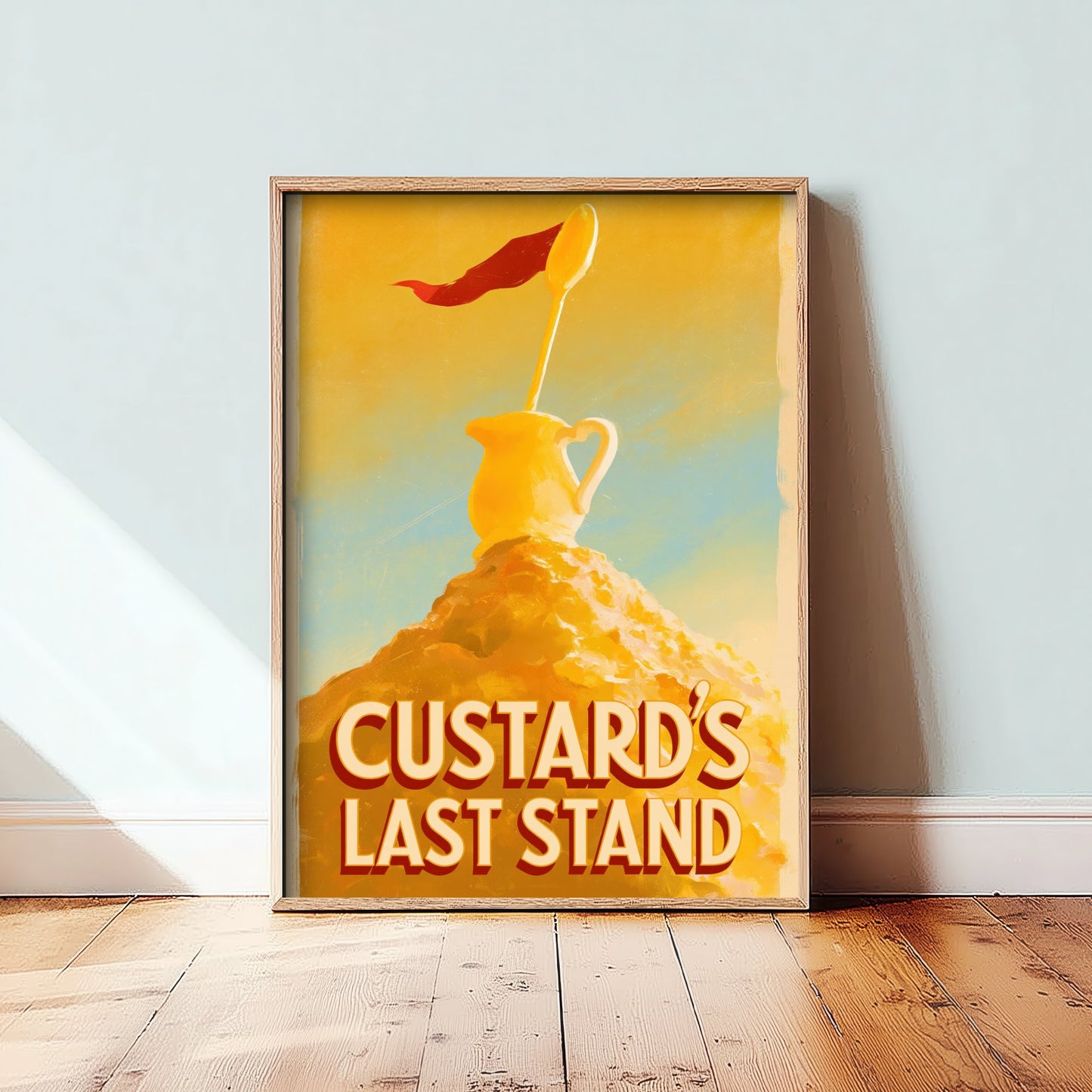 Custard's Last Stand Art Print - Funny Pudding Poster - Golden Dessert Pun Kitchen Painting