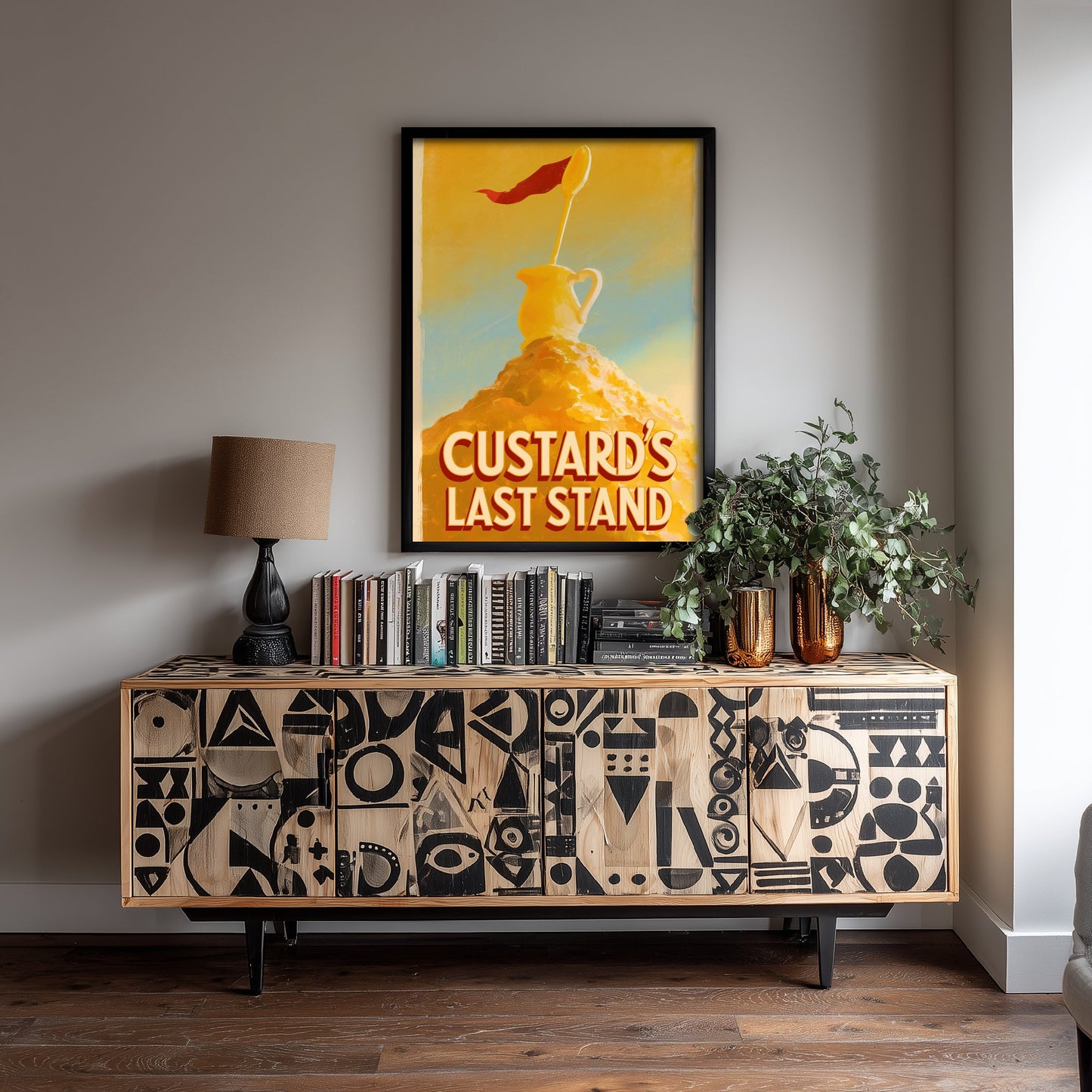 Custard's Last Stand Art Print - Funny Pudding Poster - Golden Dessert Pun Kitchen Painting