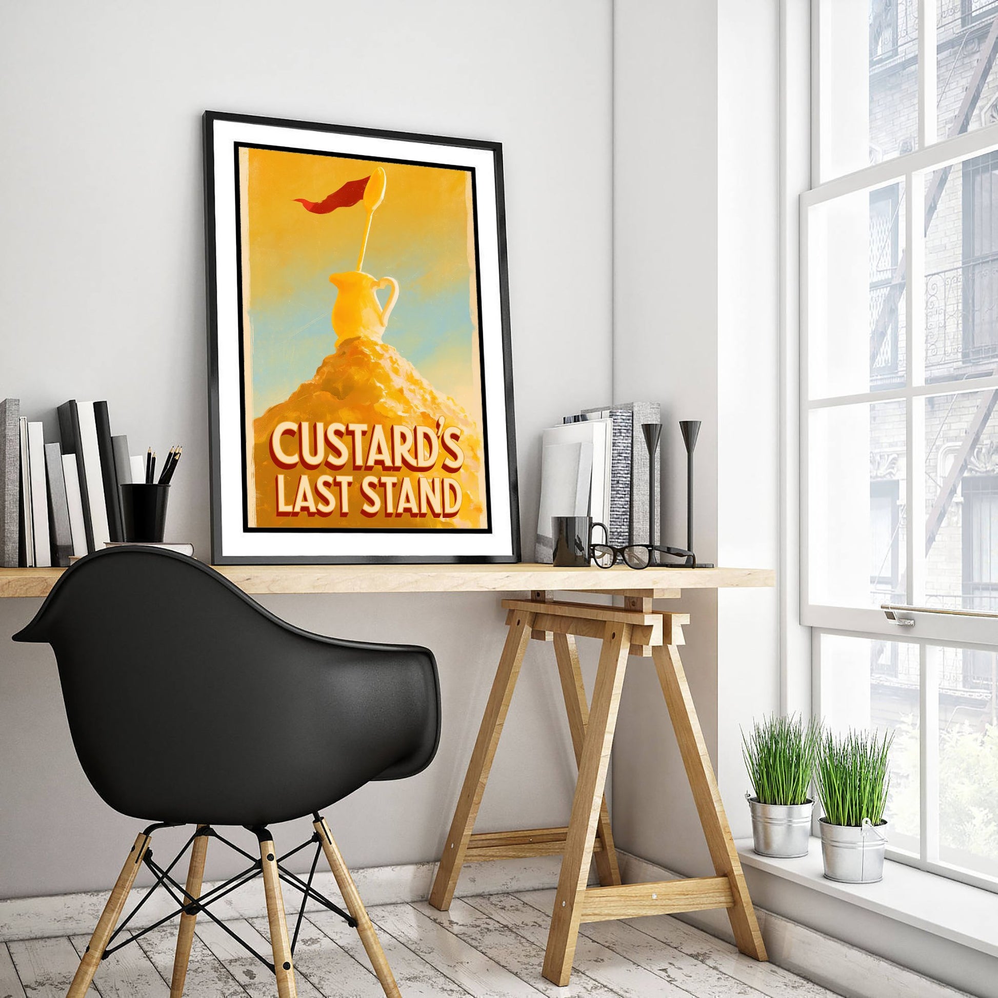 Custard's Last Stand Art Print - Funny Pudding Poster - Golden Dessert Pun Kitchen Painting