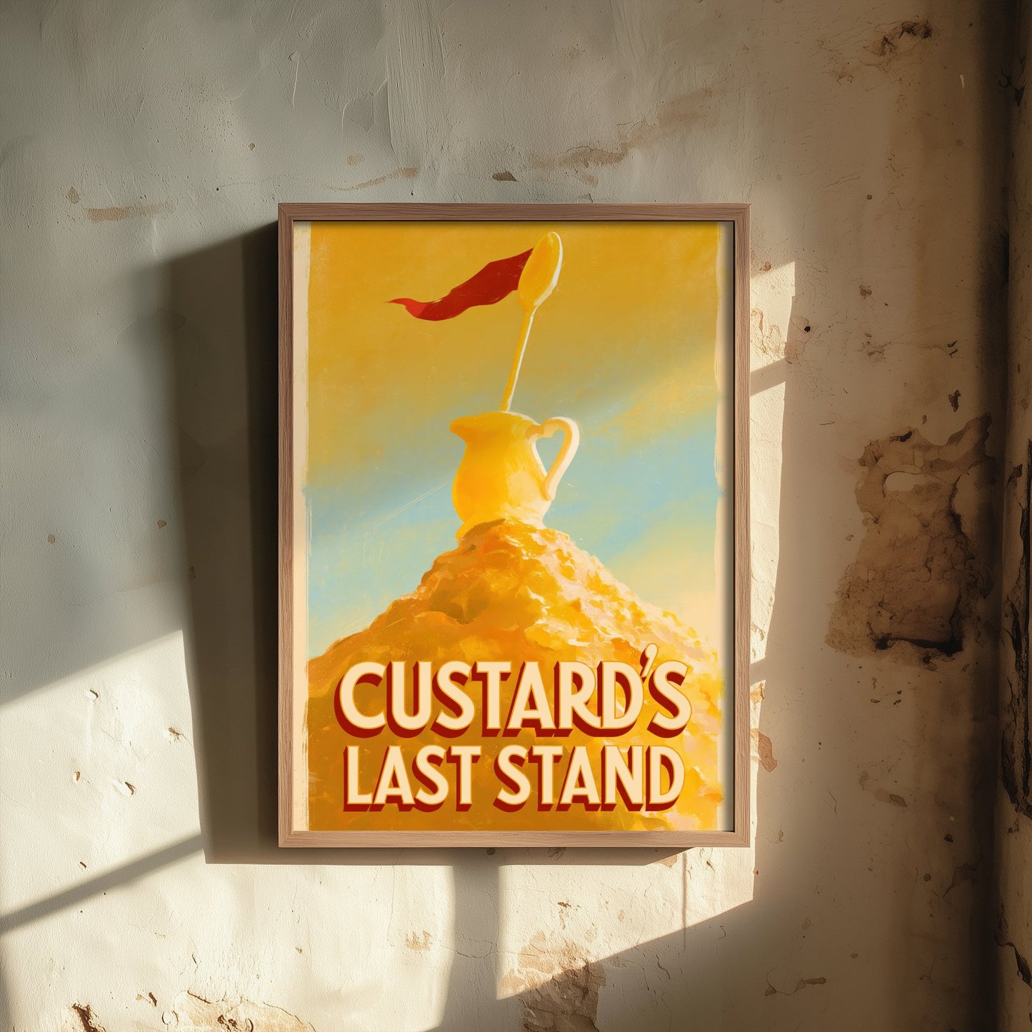 Custard's Last Stand Art Print - Funny Pudding Poster - Golden Dessert Pun Kitchen Painting