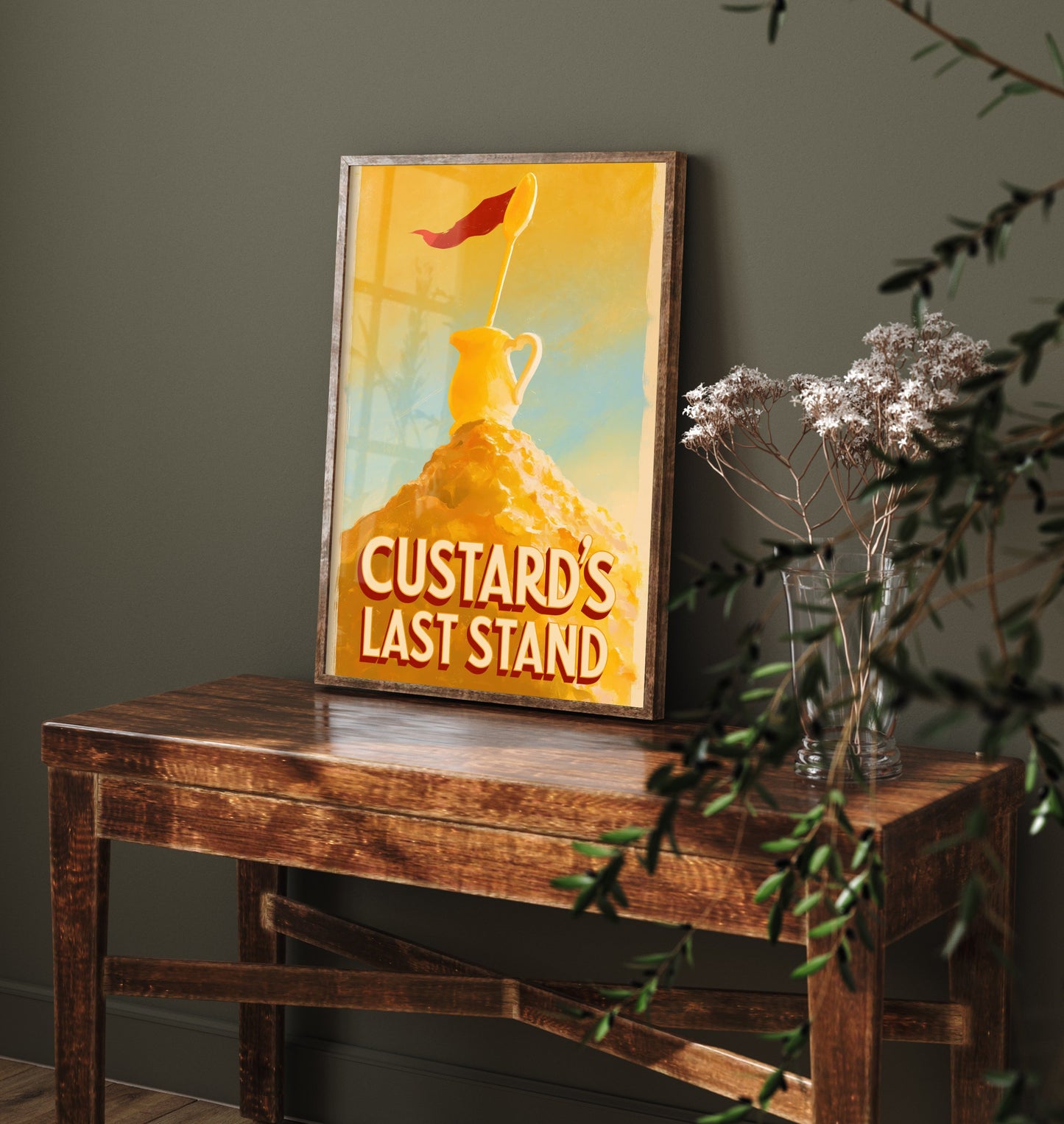 Custard's Last Stand Art Print - Funny Pudding Poster - Golden Dessert Pun Kitchen Painting