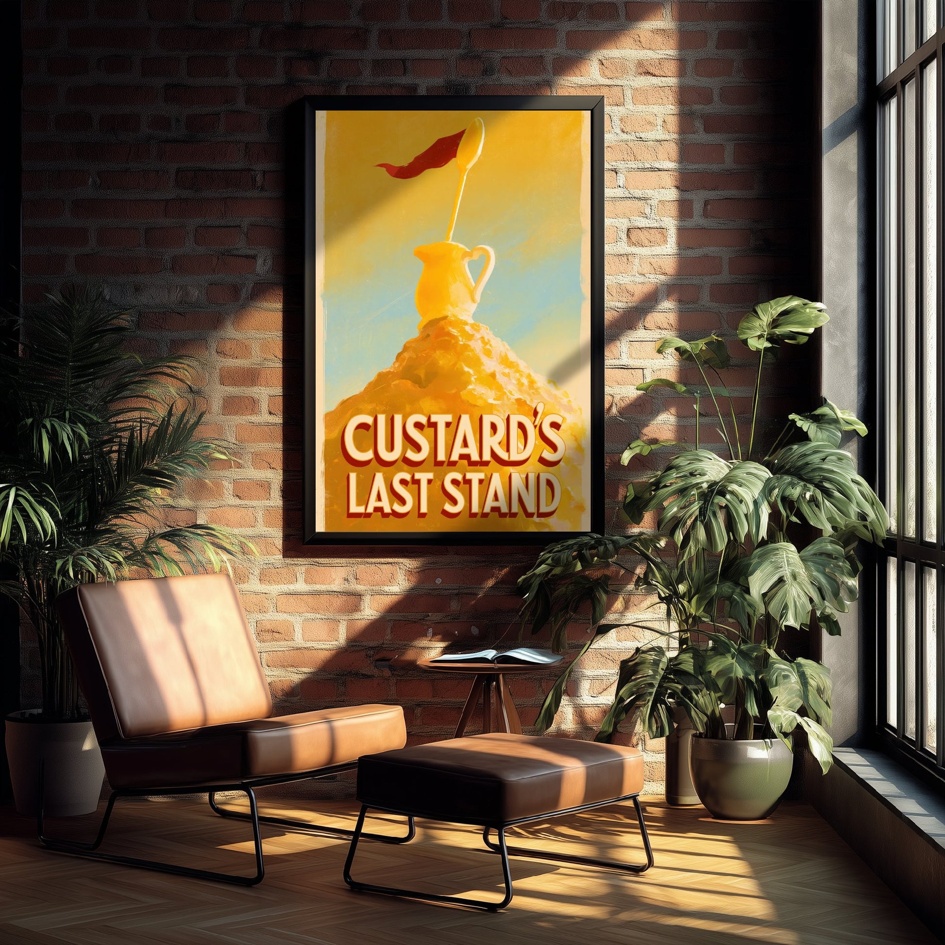 Custard's Last Stand Art Print - Funny Pudding Poster - Golden Dessert Pun Kitchen Painting