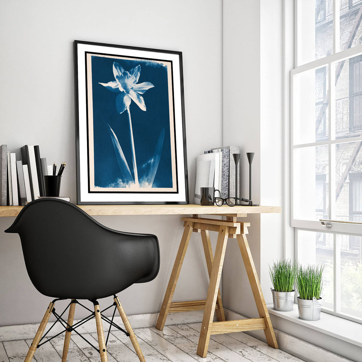 March Birth Flower Art Print - Daffodil Poster - Blue Cyanotype Botanical Illustration - Birth Month Gift 03/12