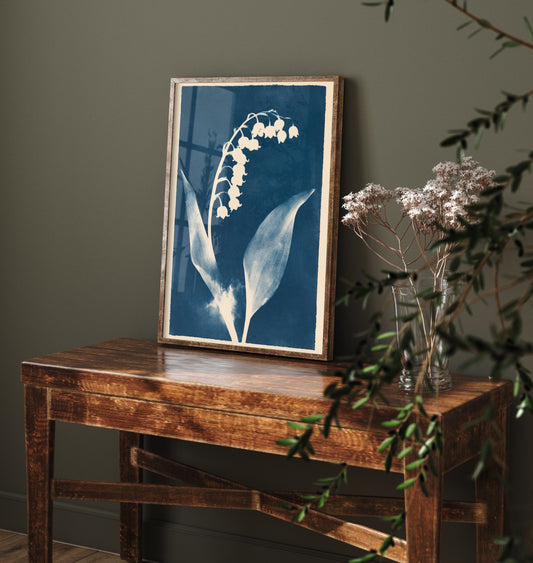 May Birth Flower Art Print - Lily of the Valley Poster - Blue Cyanotype Botanical Illustration - Birth Month Gift 05/12