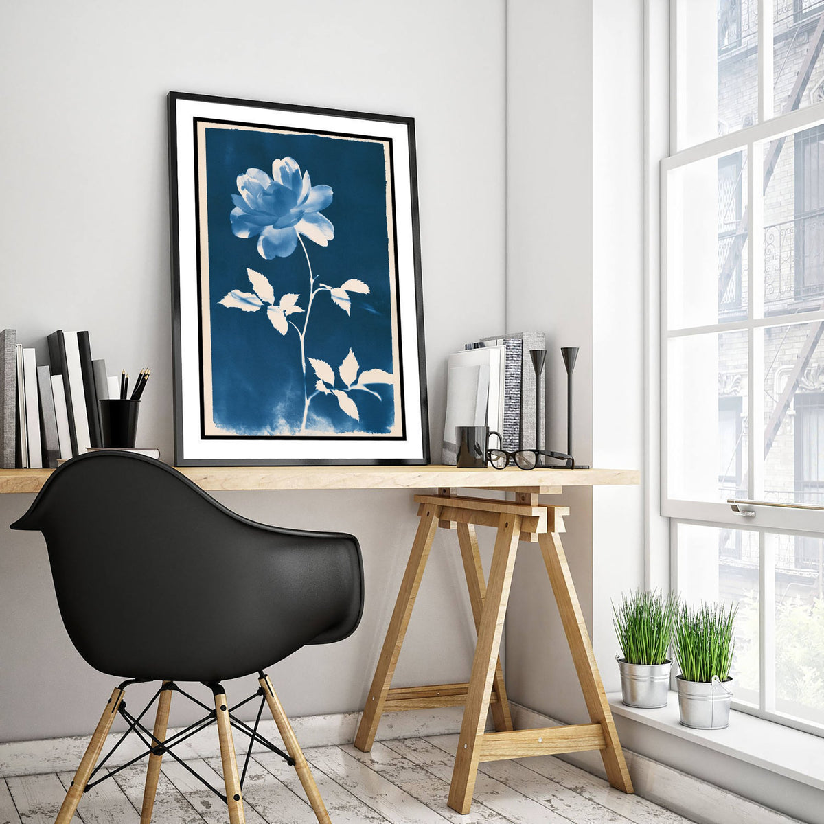 June Birth Flower Art Print - Rose Poster - Blue Cyanotype Botanical Illustration - Birth Month Gift 06/12