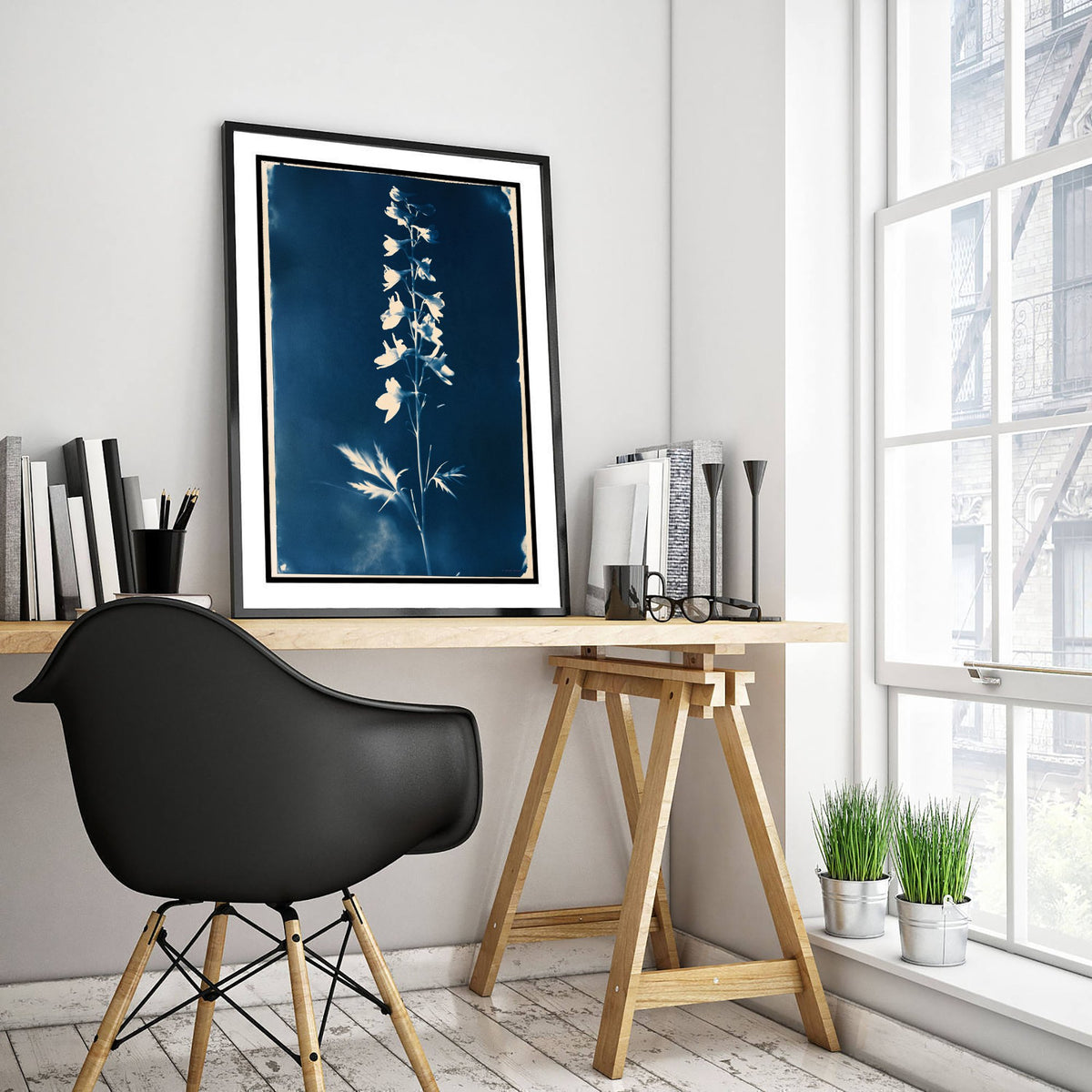 July Birth Flower Art Print - Larkspur Poster - Blue Cyanotype Botanical Illustration - Birth Month Gift 07/12