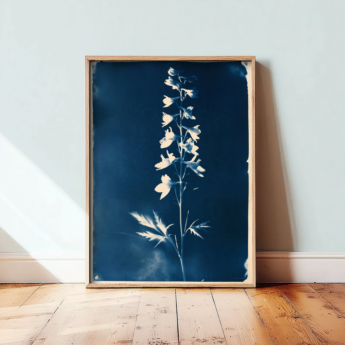 July Birth Flower Art Print - Larkspur Poster - Blue Cyanotype Botanical Illustration - Birth Month Gift 07/12