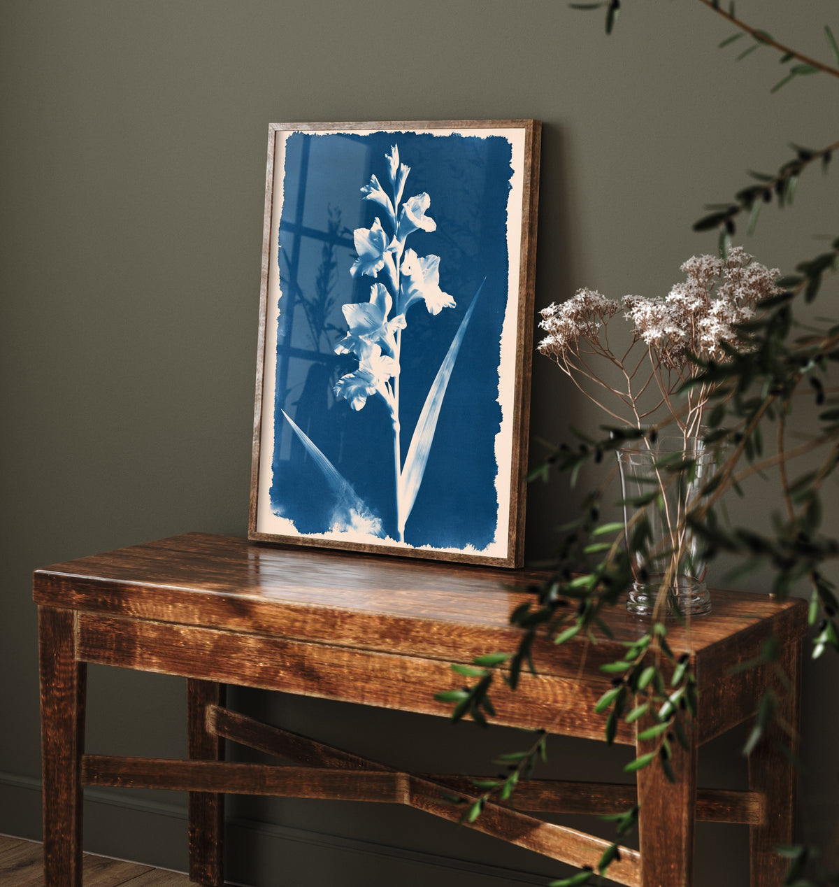 August Birth Flower Art Print - Gladiolus Poster - Blue Cyanotype Botanical Illustration - Birth Month Gift 08/12