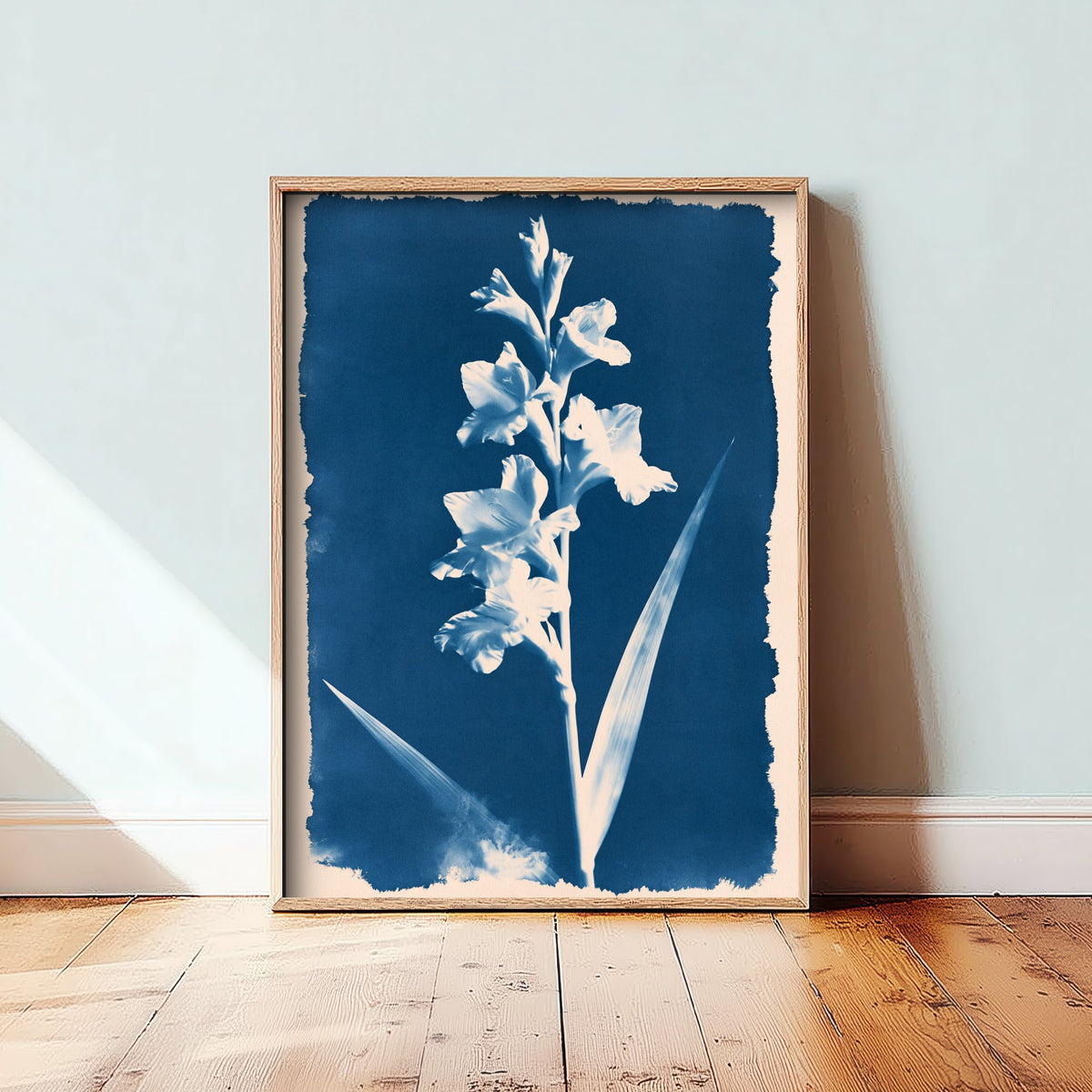 August Birth Flower Art Print - Gladiolus Poster - Blue Cyanotype Botanical Illustration - Birth Month Gift 08/12