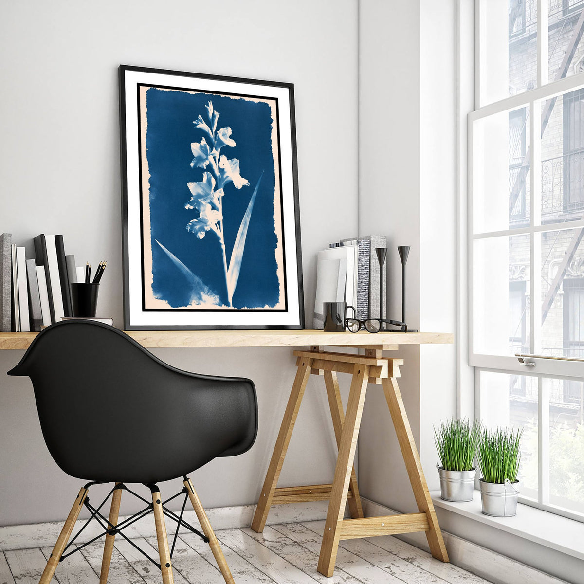 August Birth Flower Art Print - Gladiolus Poster - Blue Cyanotype Botanical Illustration - Birth Month Gift 08/12