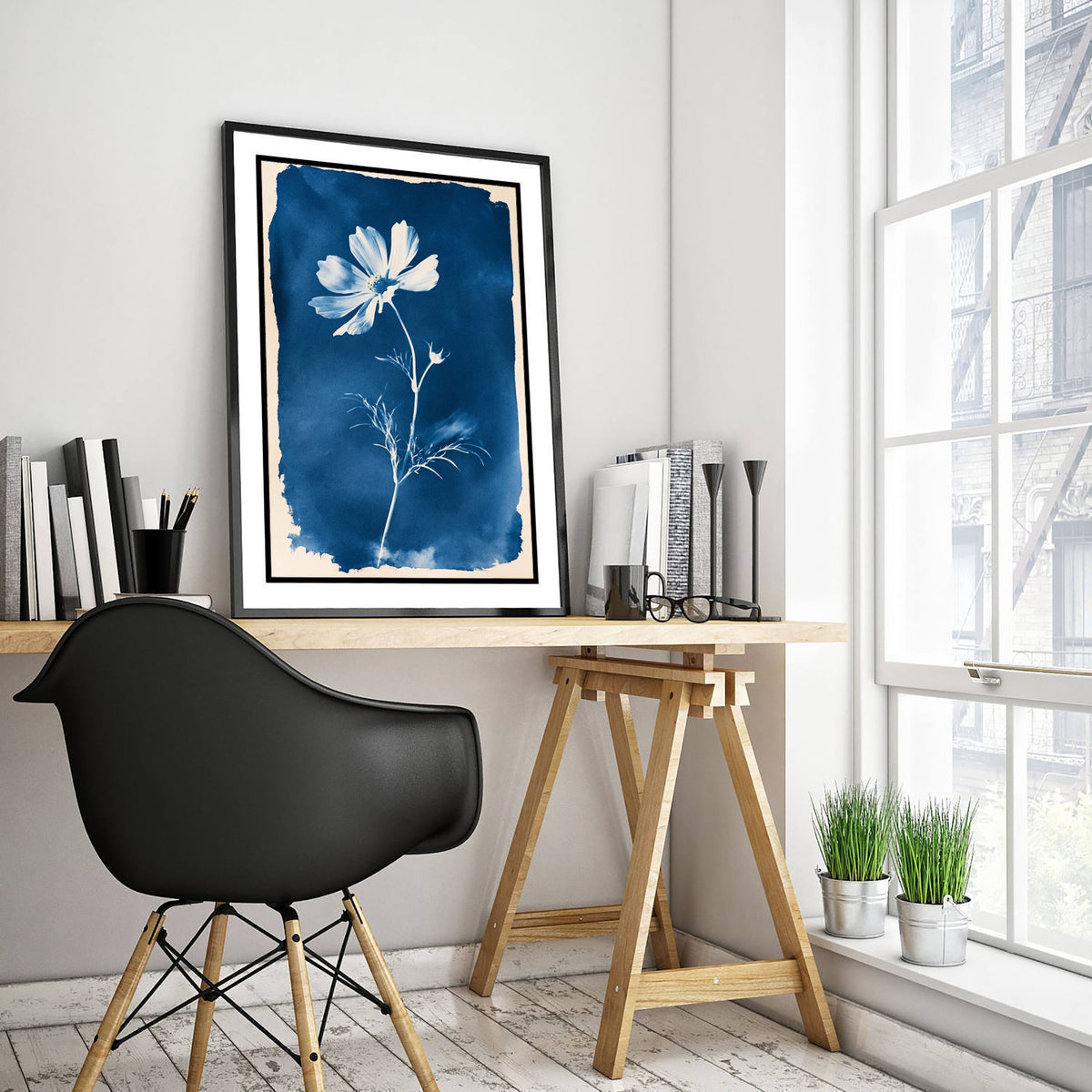 October Birth Flower Art Print - Cosmos Poster - Blue Cyanotype Botanical Illustration - Birth Month Gift 10/12