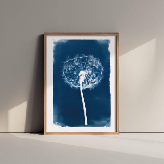 Dandelion Clock Art Print - Cyanotype Style Blue Botanical Poster - Wildflower Seed Head Illustration V2 1/3