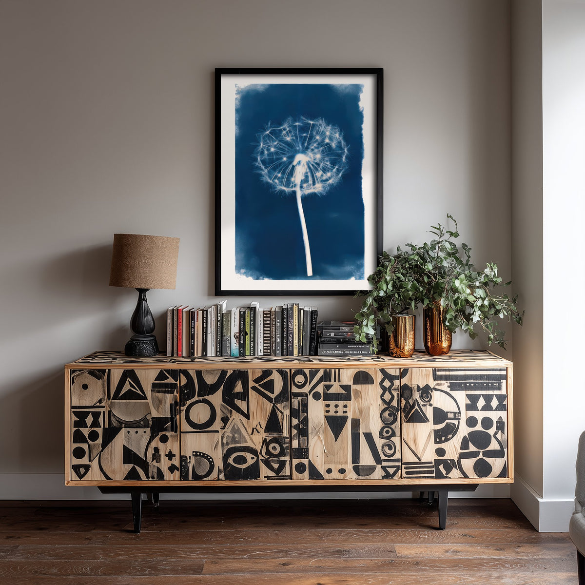Dandelion Clock Art Print - Cyanotype Style Blue Botanical Poster - Wildflower Seed Head Illustration V2 1/3