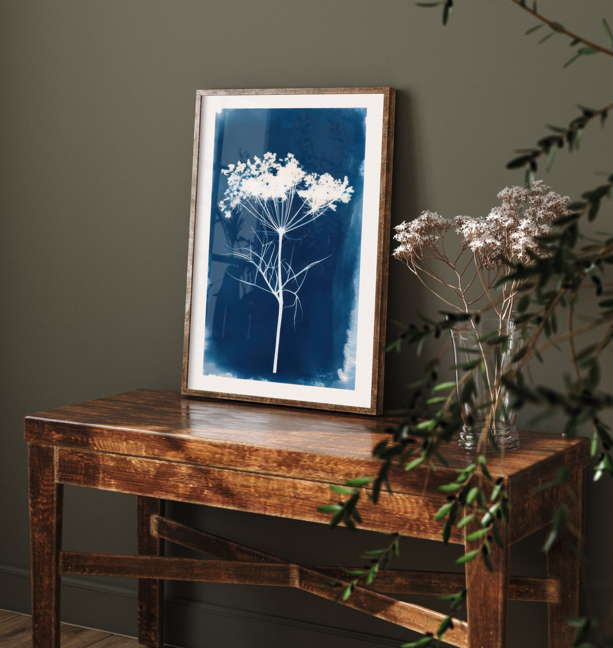 Cow Parsley Art Print - Blue Cyanotype Look Hedgerow Poster - Wild Umbellifer Illustration V2 3/3