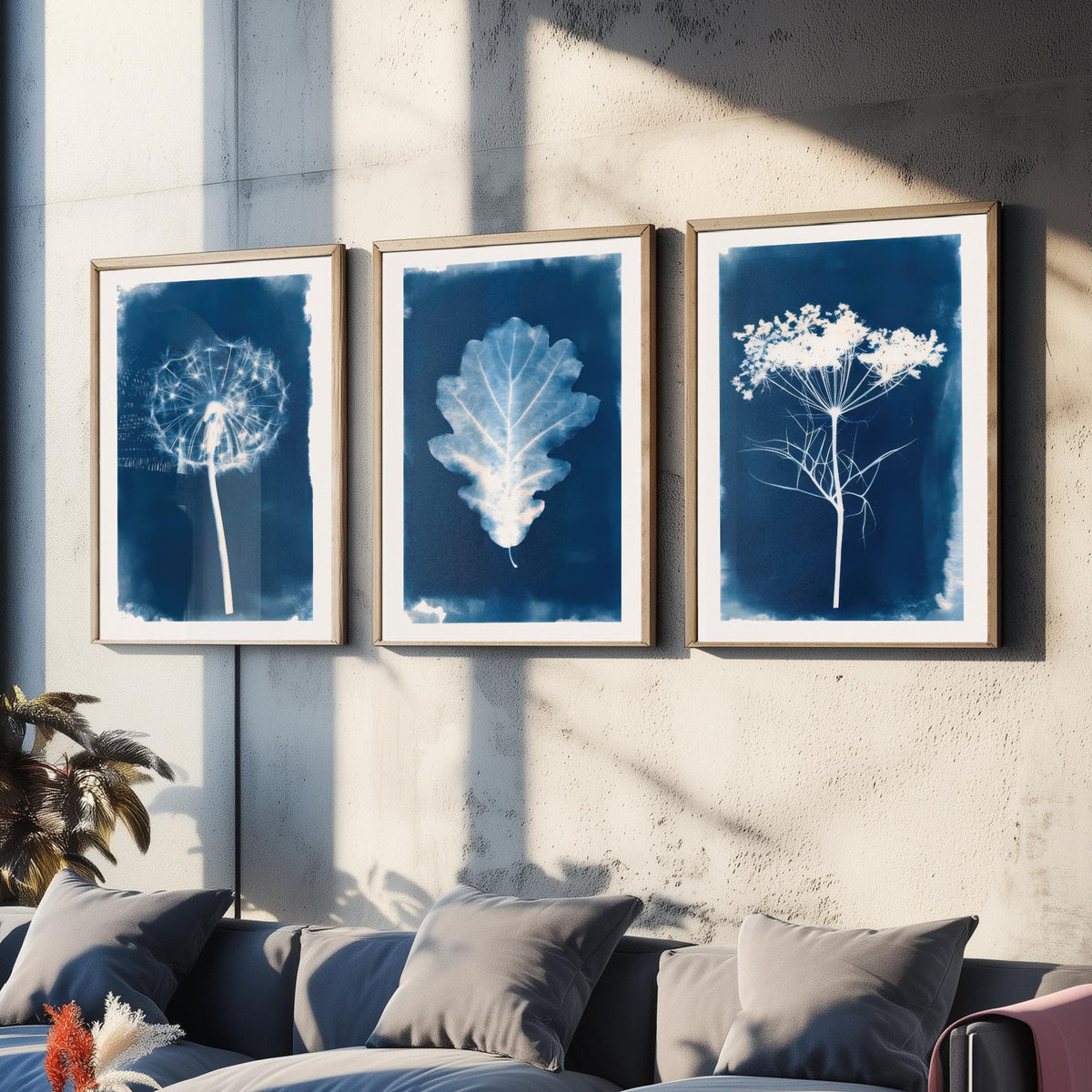 Cyanotype Botanical Set of Three Art Prints - Dandelion Clock, Oak Leaf, Cow Parsley - Blue Hedgerow Poster Illustration V2