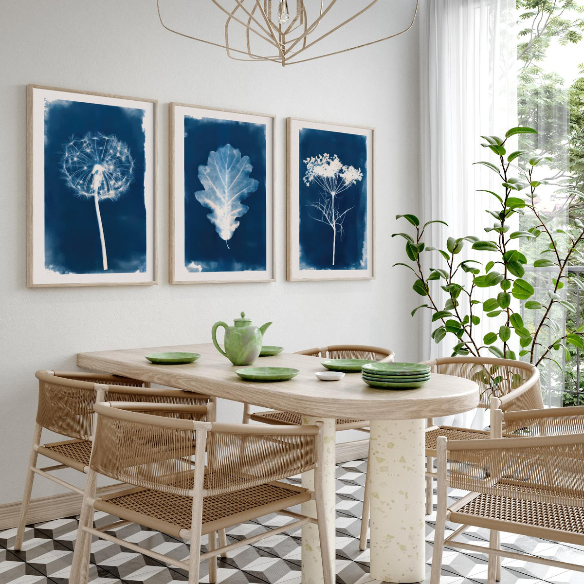Cyanotype Botanical Set of Three Art Prints - Dandelion Clock, Oak Leaf, Cow Parsley - Blue Hedgerow Poster Illustration V2