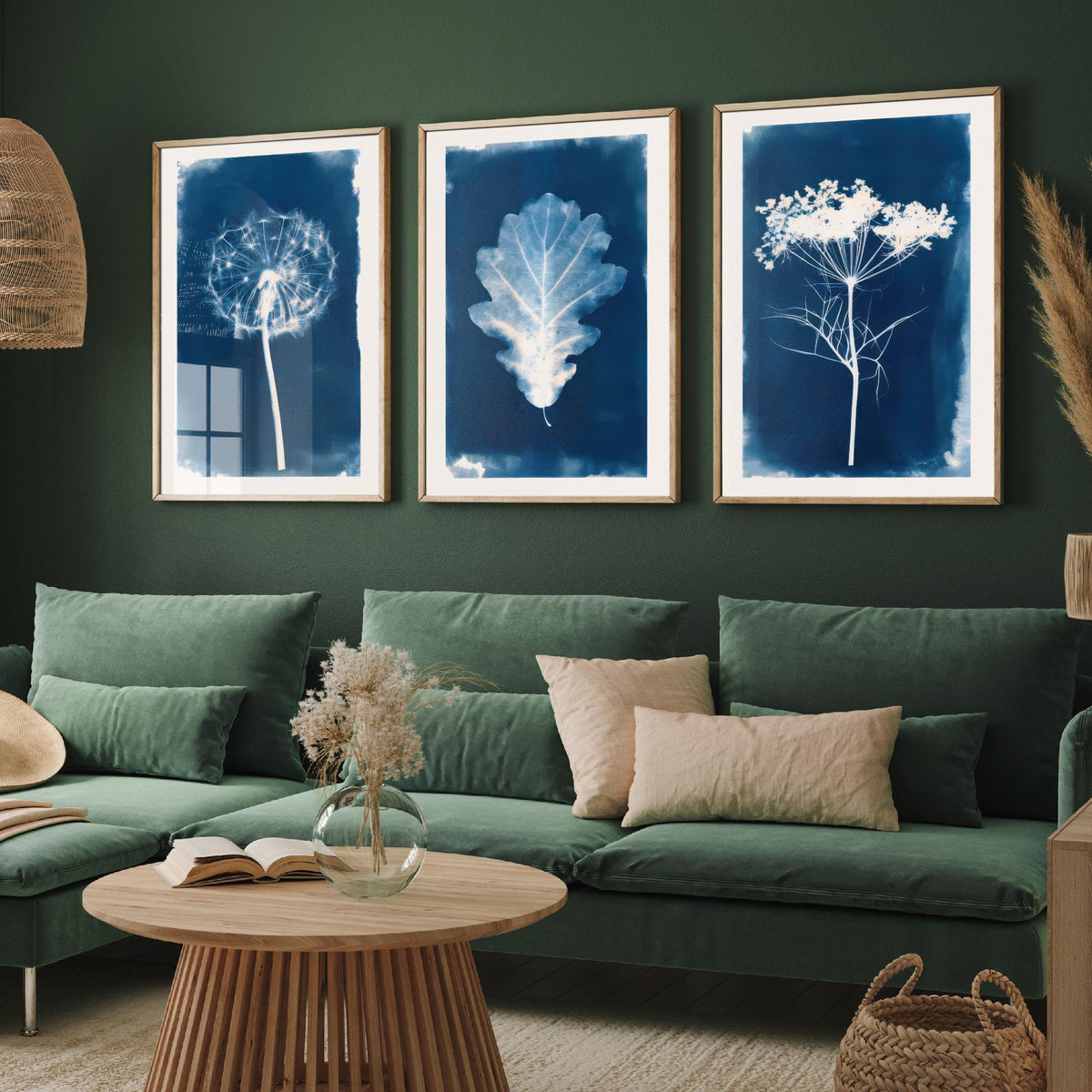 Cyanotype Botanical Set of Three Art Prints - Dandelion Clock, Oak Leaf, Cow Parsley - Blue Hedgerow Poster Illustration V2